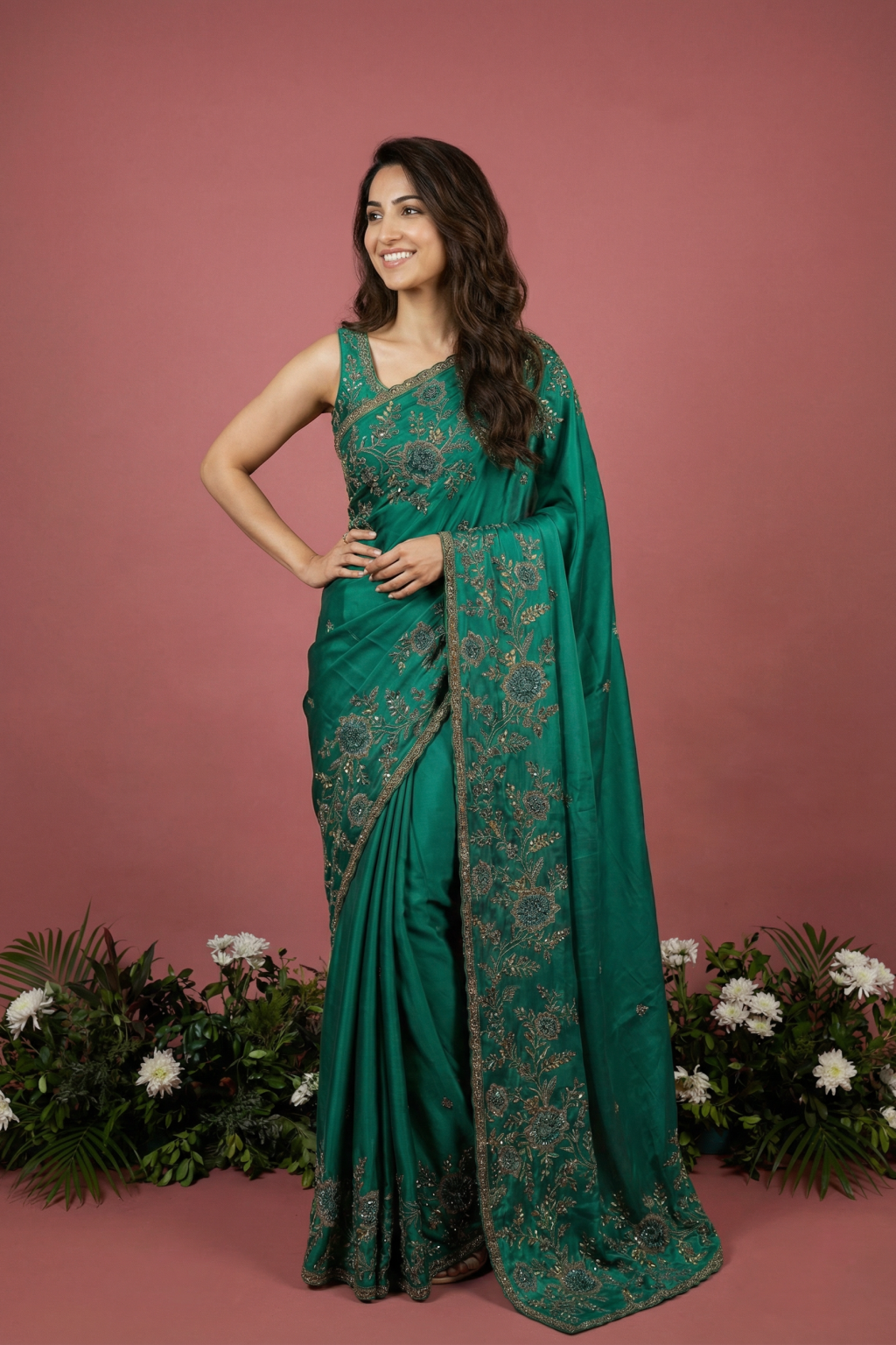 Green Satin Saree with Zardosi & Cutdana Embroidery - Mokshaa