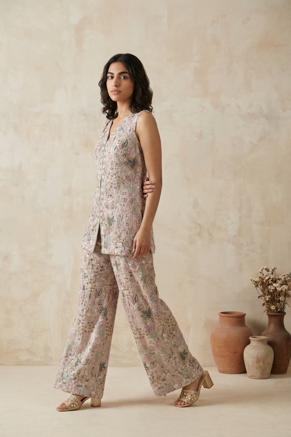Pastel Pink Soft Silk Embroidered Kurta Set with Wide-Leg Pants - Mokshaa