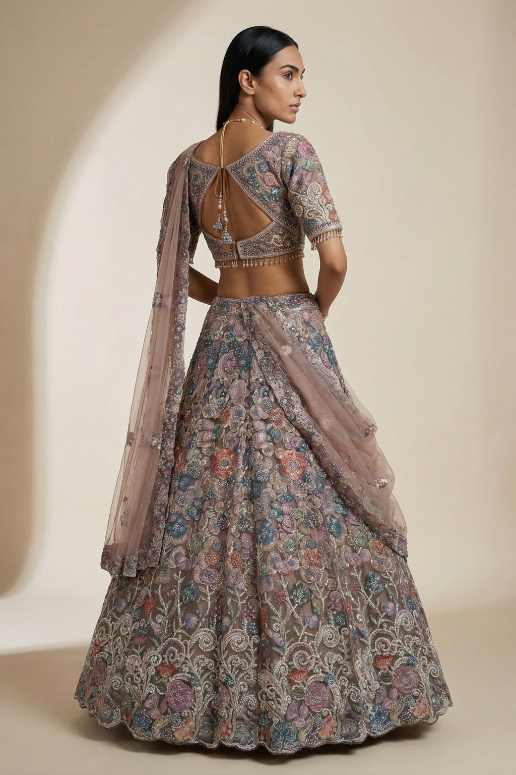 Blush Net Lehenga Set with Multicolour Floral Embroidery