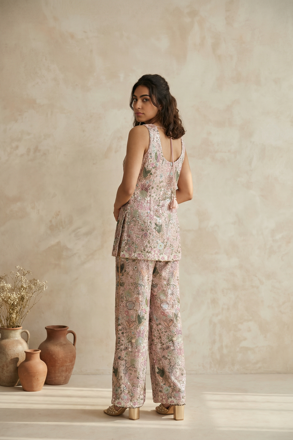 Pastel Pink Soft Silk Embroidered Kurta Set with Wide-Leg Pants - Mokshaa