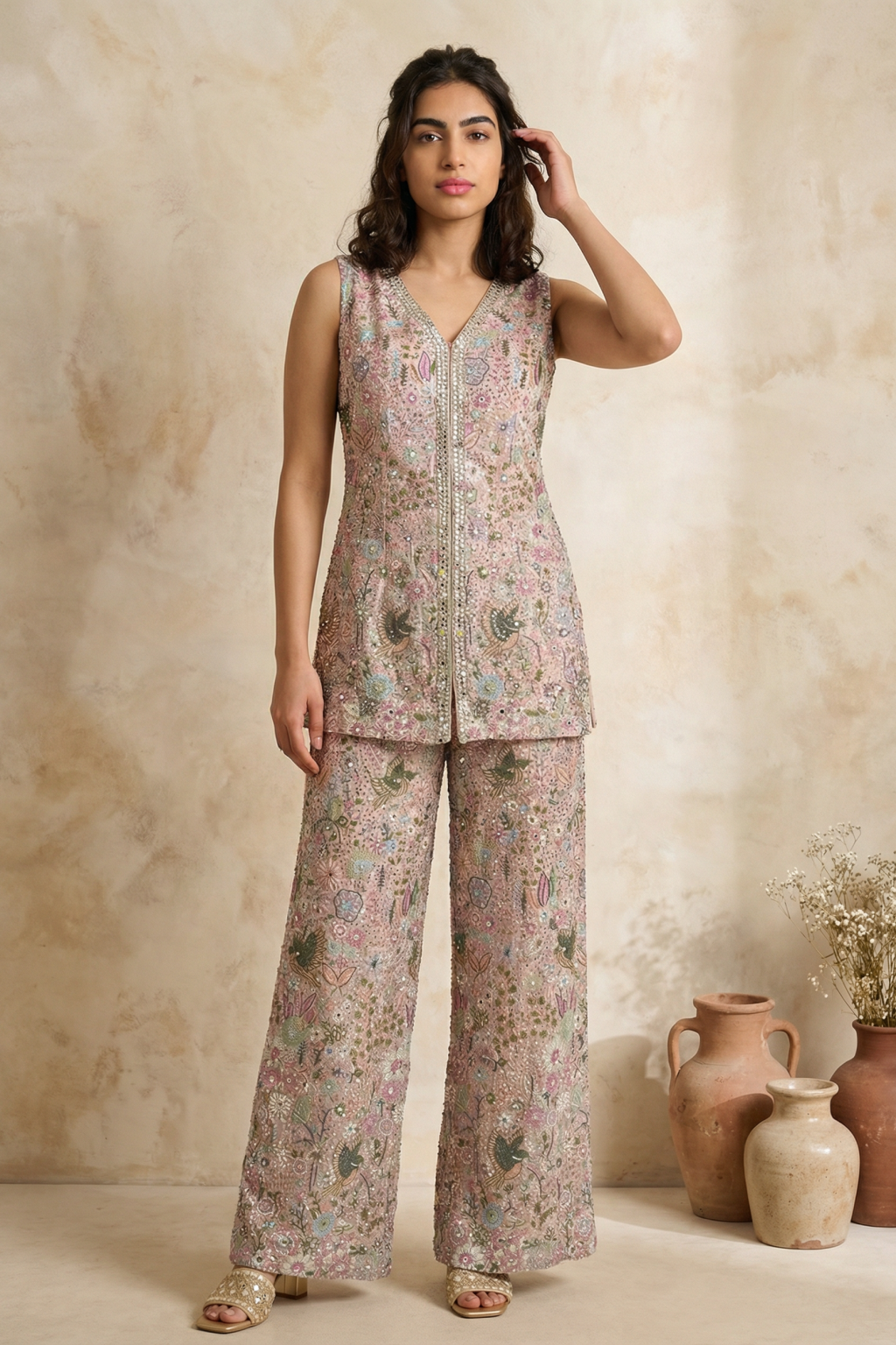 Pastel Pink Soft Silk Embroidered Kurta Set with Wide-Leg Pants - Mokshaa