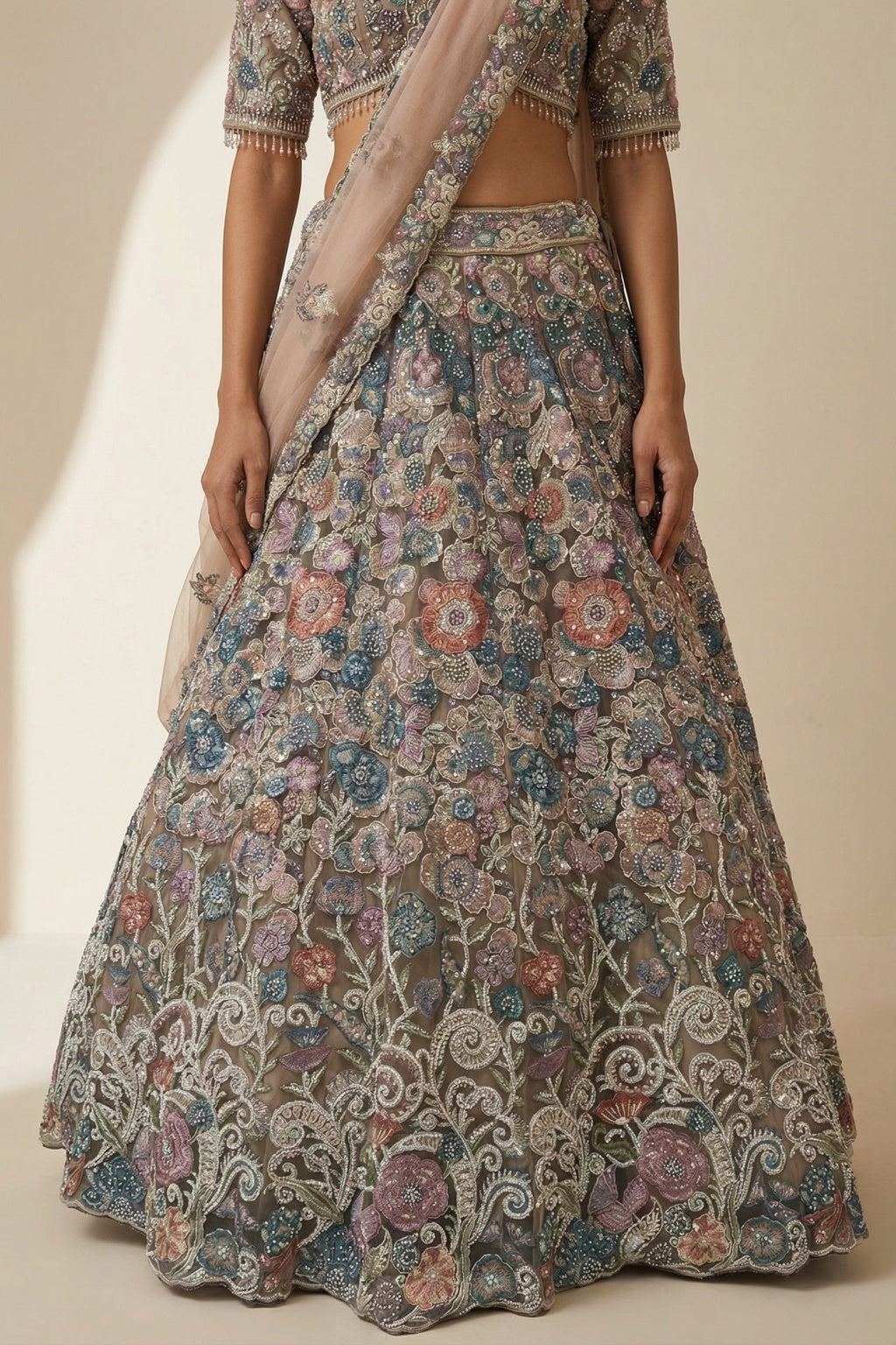 Blush Net Lehenga Set with Multicolour Floral Embroidery