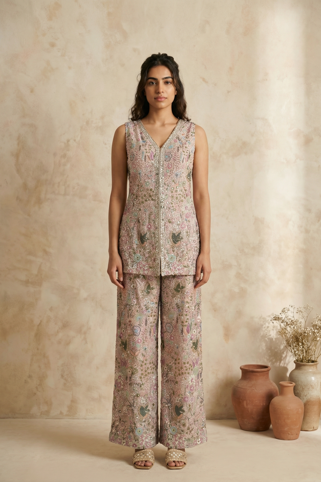 Pastel Pink Soft Silk Embroidered Kurta Set with Wide-Leg Pants