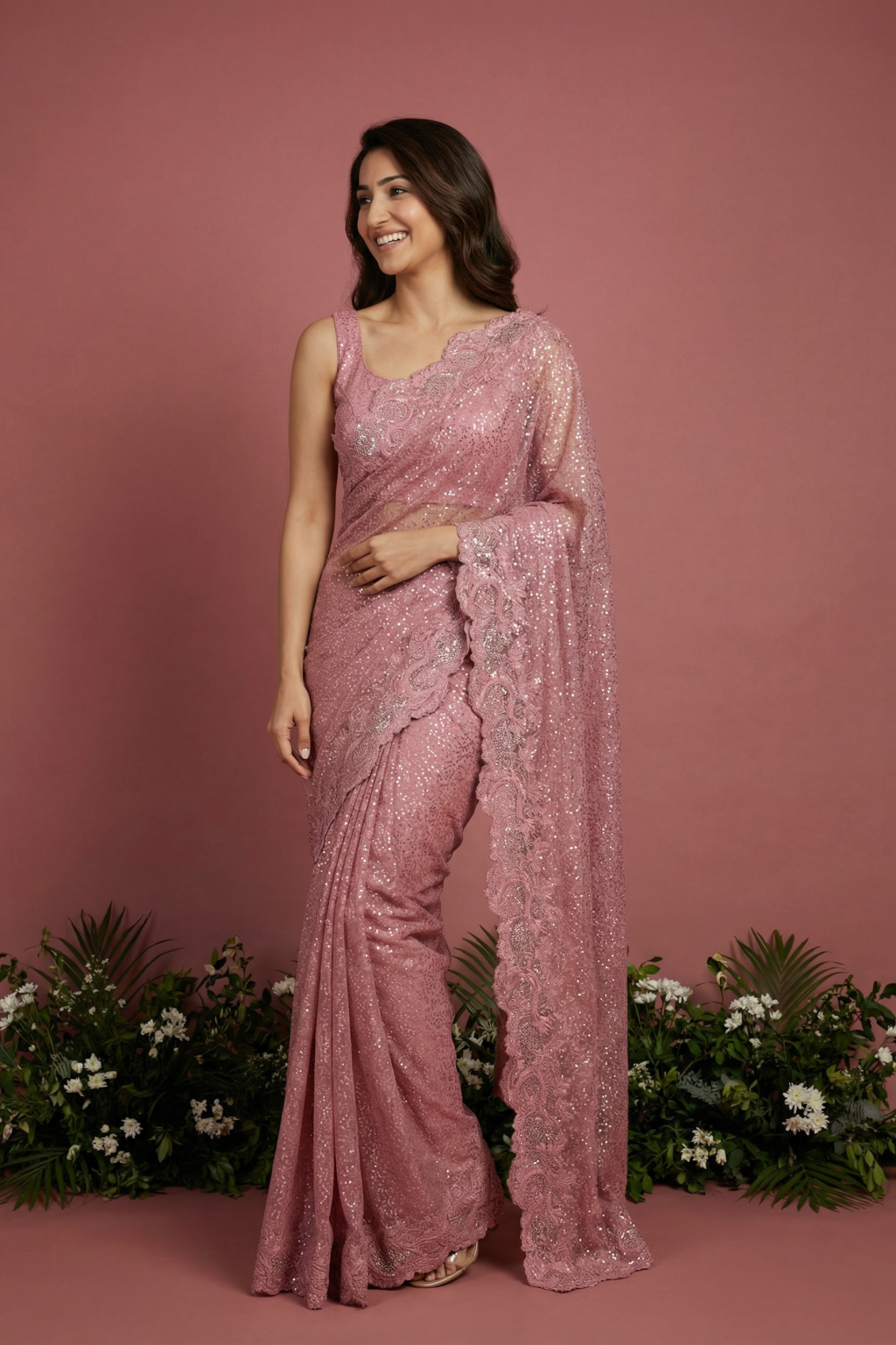 Light Purple Georgette Saree with Sequin and Thread Embroidery Border
