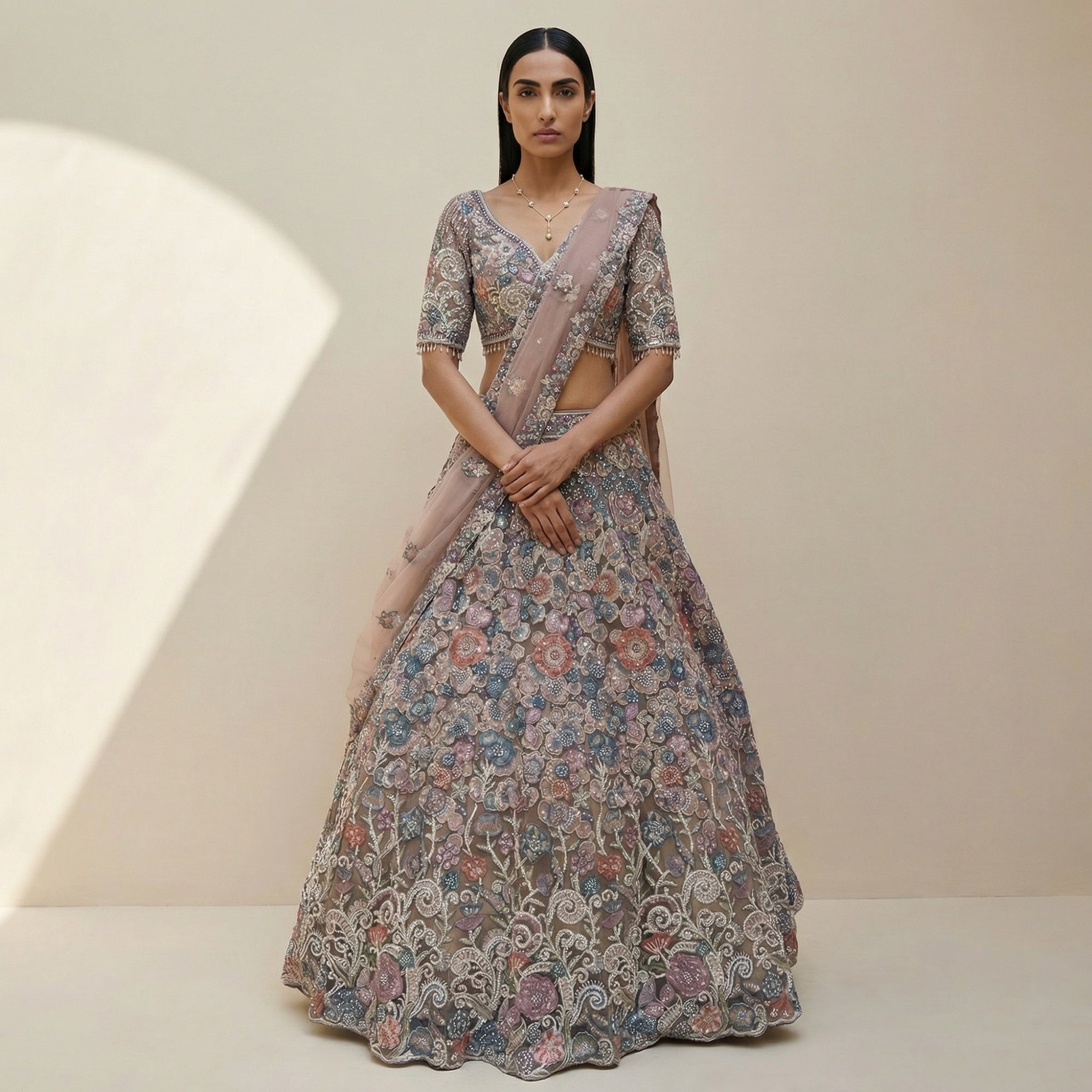 Blush Net Lehenga Set with Multicolour Floral Embroidery