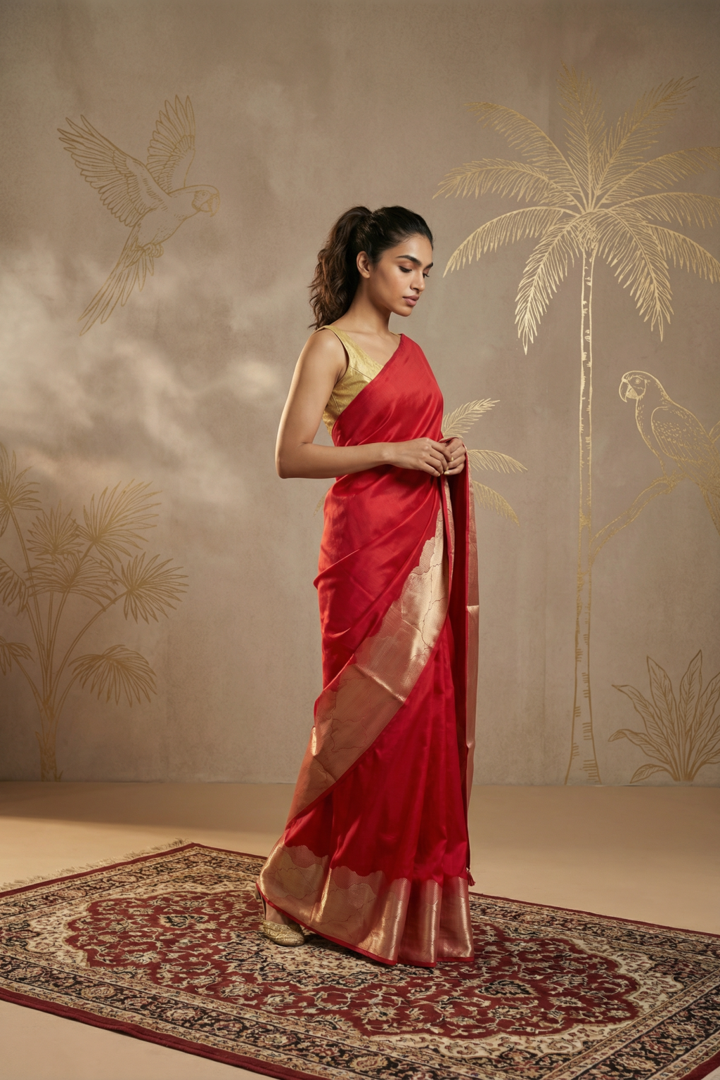 Red Chanderi Silk Saree with Elegant Zari Border