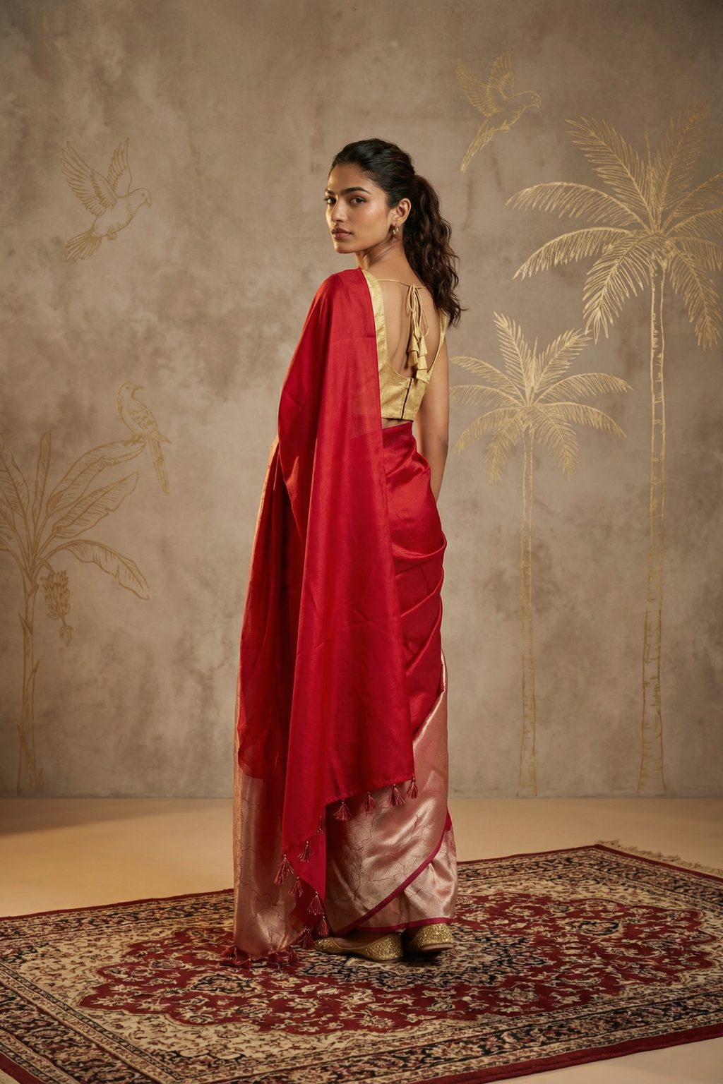 Red Chanderi Silk Saree with Elegant Zari Border