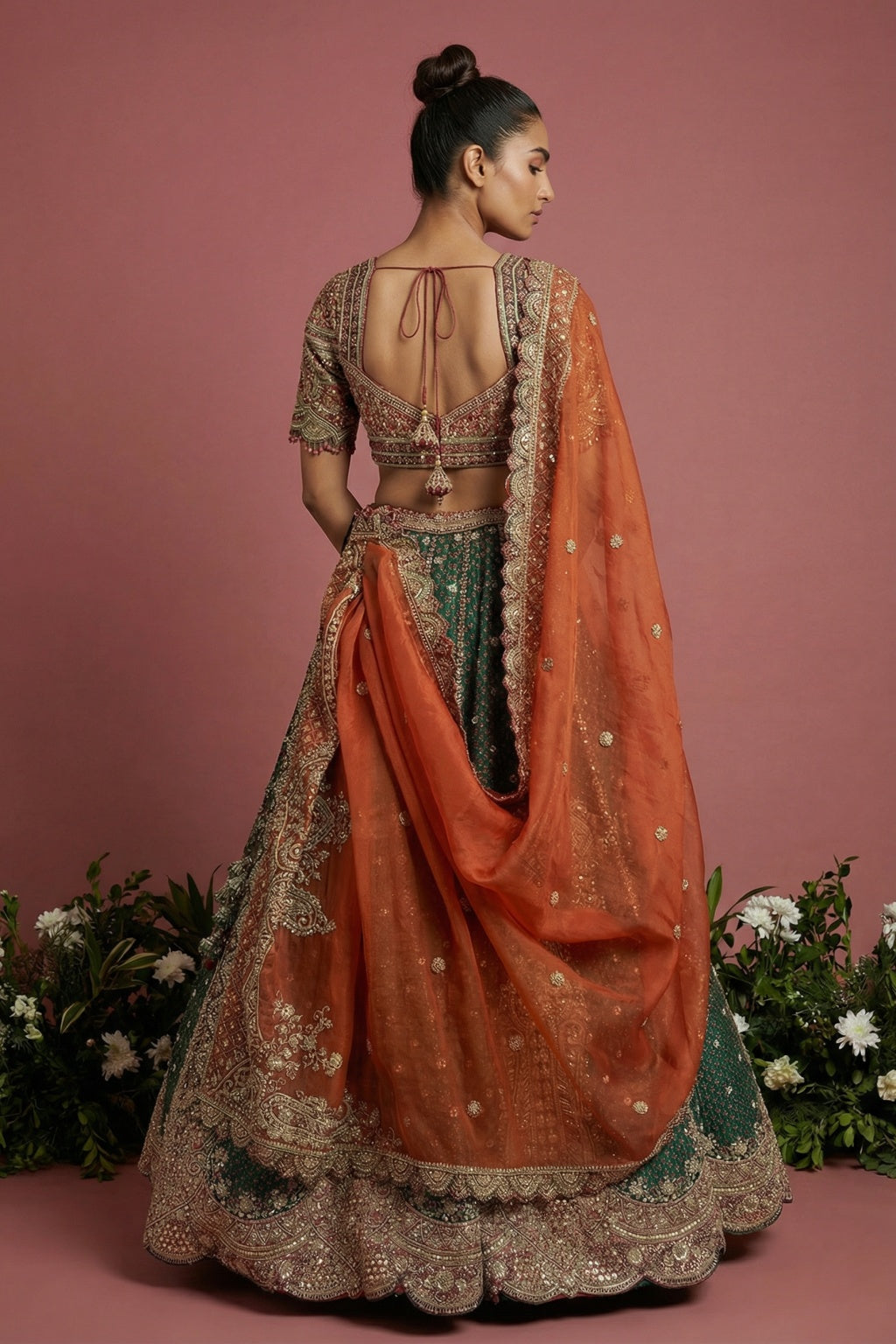 Green Printed Silk Lehenga Set with Rust Organza Dupatta - Mokshaa
