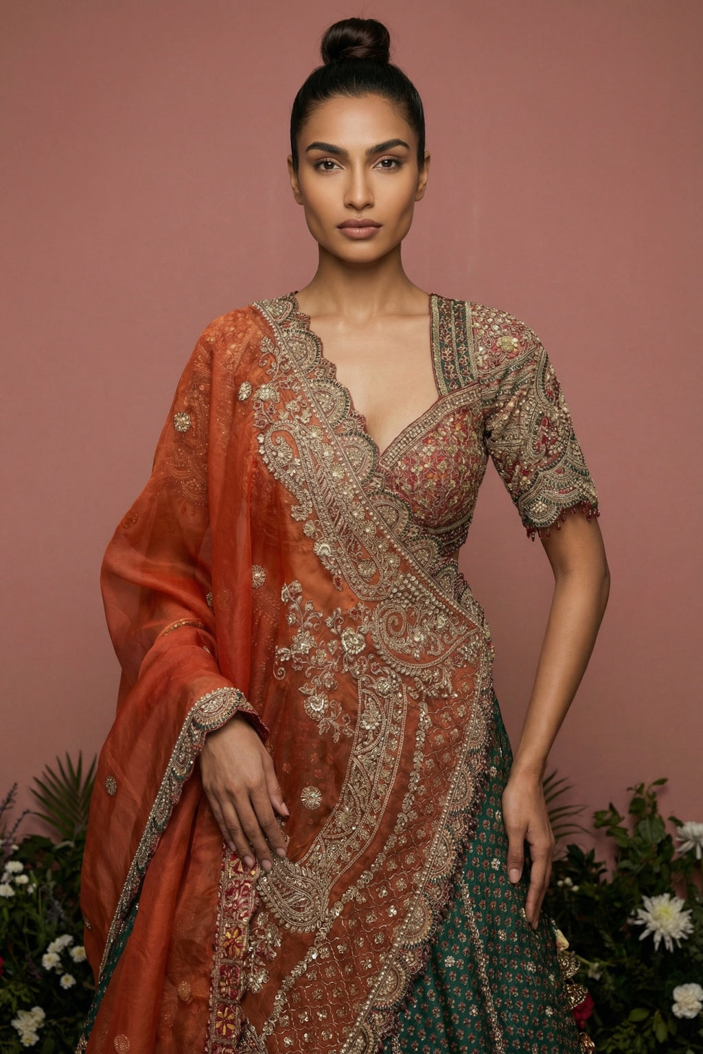 Green Printed Silk Lehenga Set with Rust Organza Dupatta