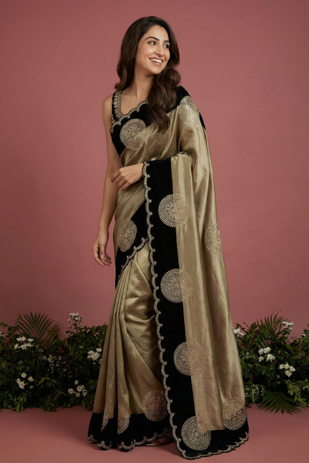 Gold Black Tissue Saree with Zardosi & Sequin Embroidery - Mokshaa