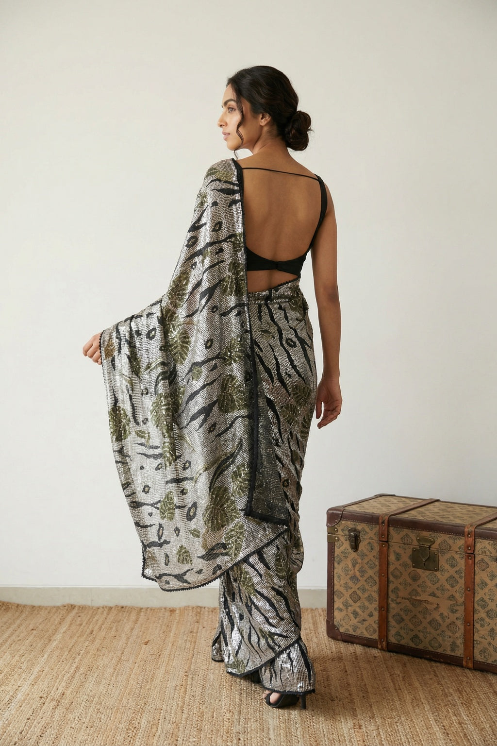 Midnight Black Georgette Saree with All-Over Sequin Work - Mokshaa