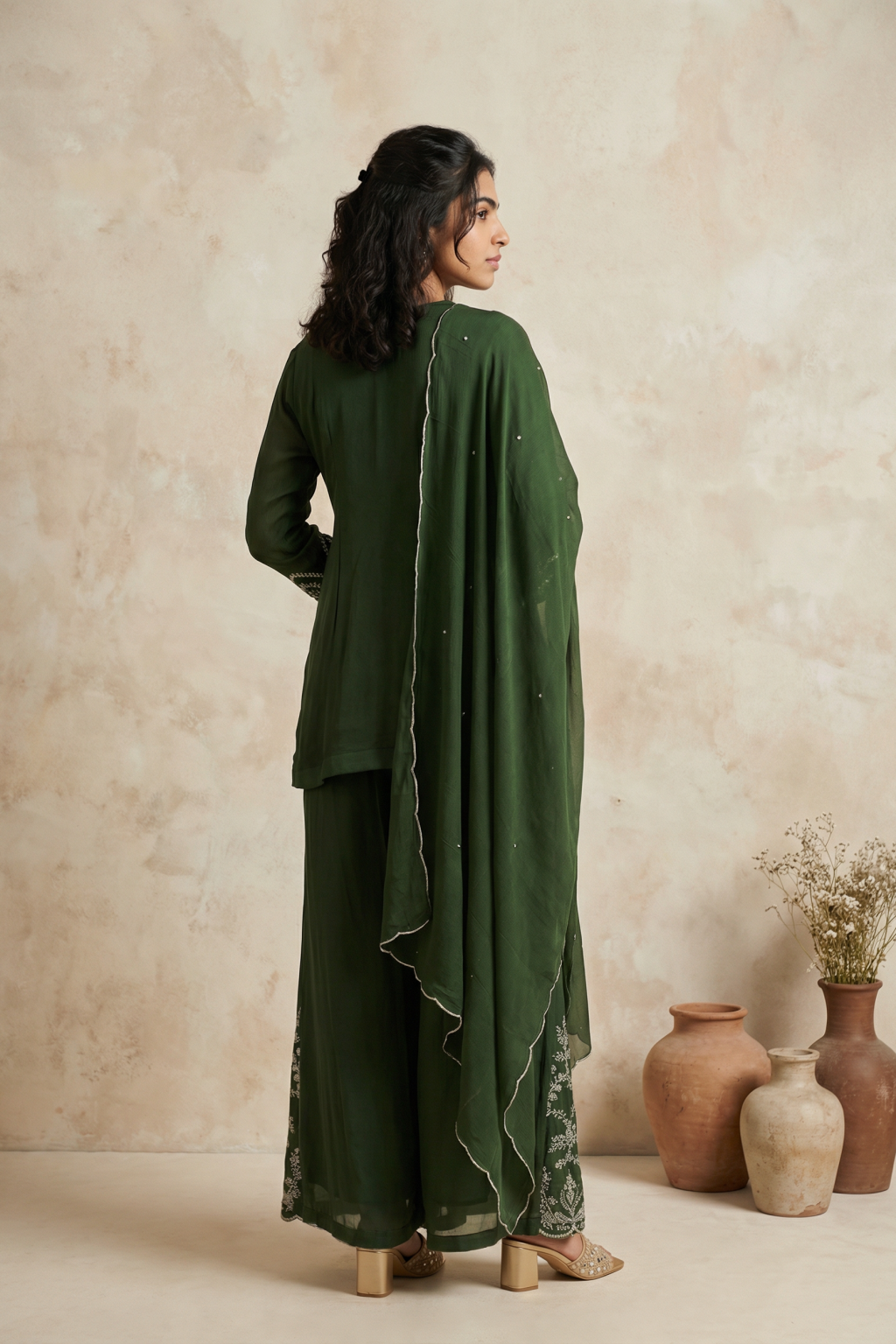 Olive Green Silk Palazzo Set with Hand Embroidery - Mokshaa