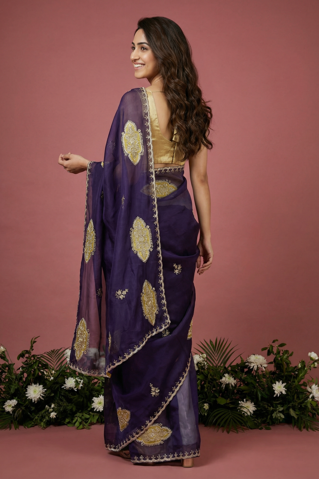 Dark Purple Organza Saree with Appliqué & Pita Zari Work
