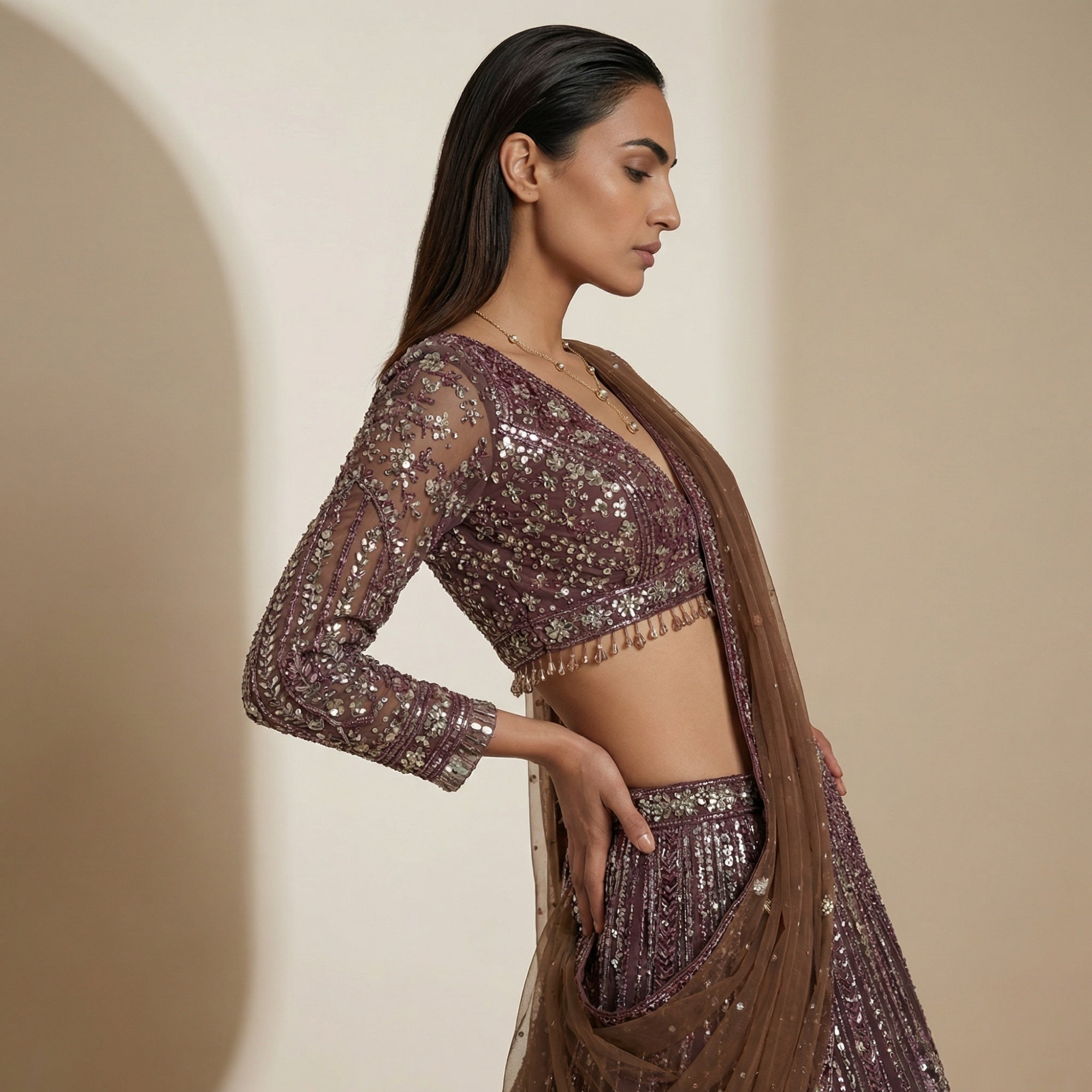 Deep Brown Net Lehenga Set