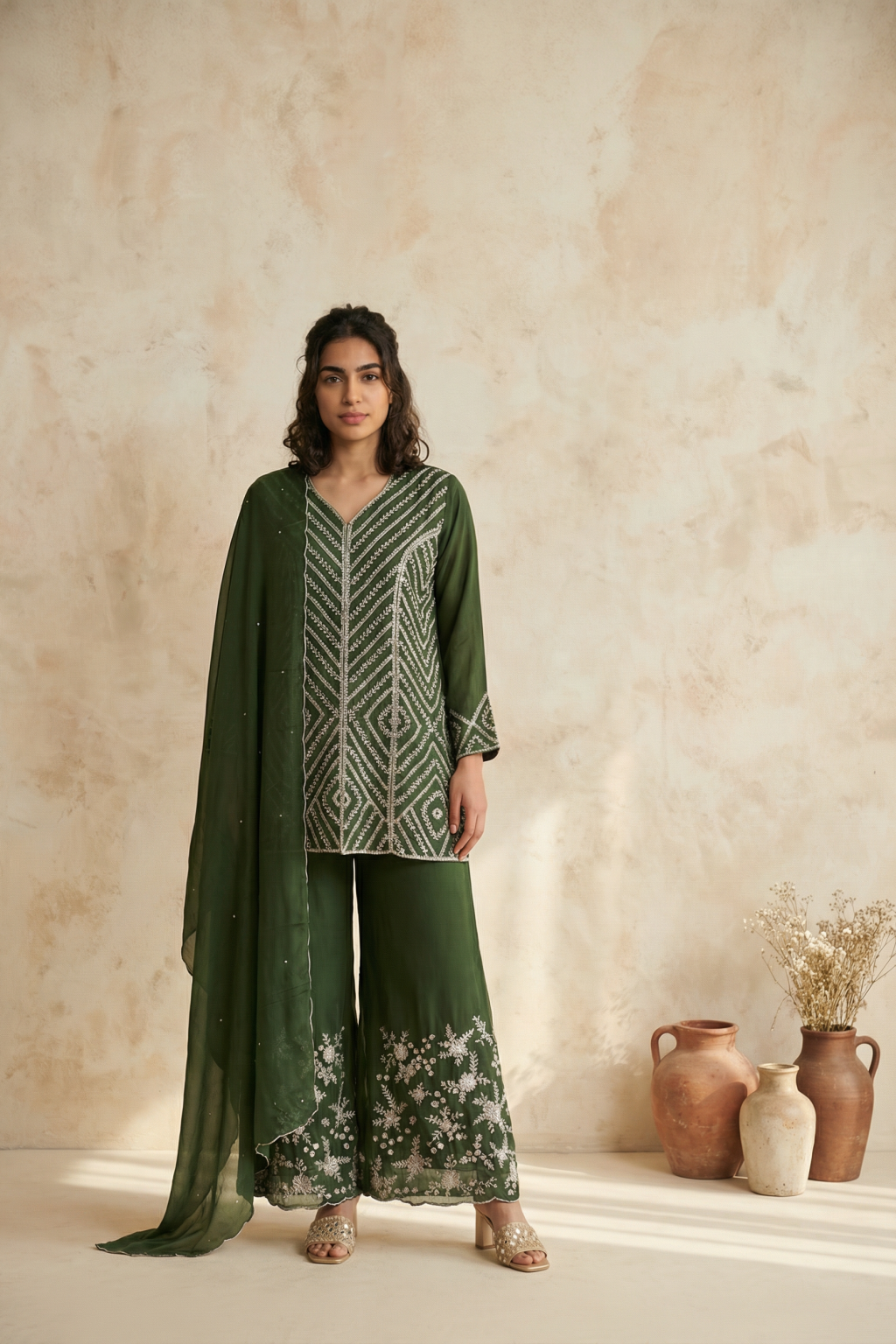 Olive Green Silk Palazzo Set with Hand Embroidery - Mokshaa