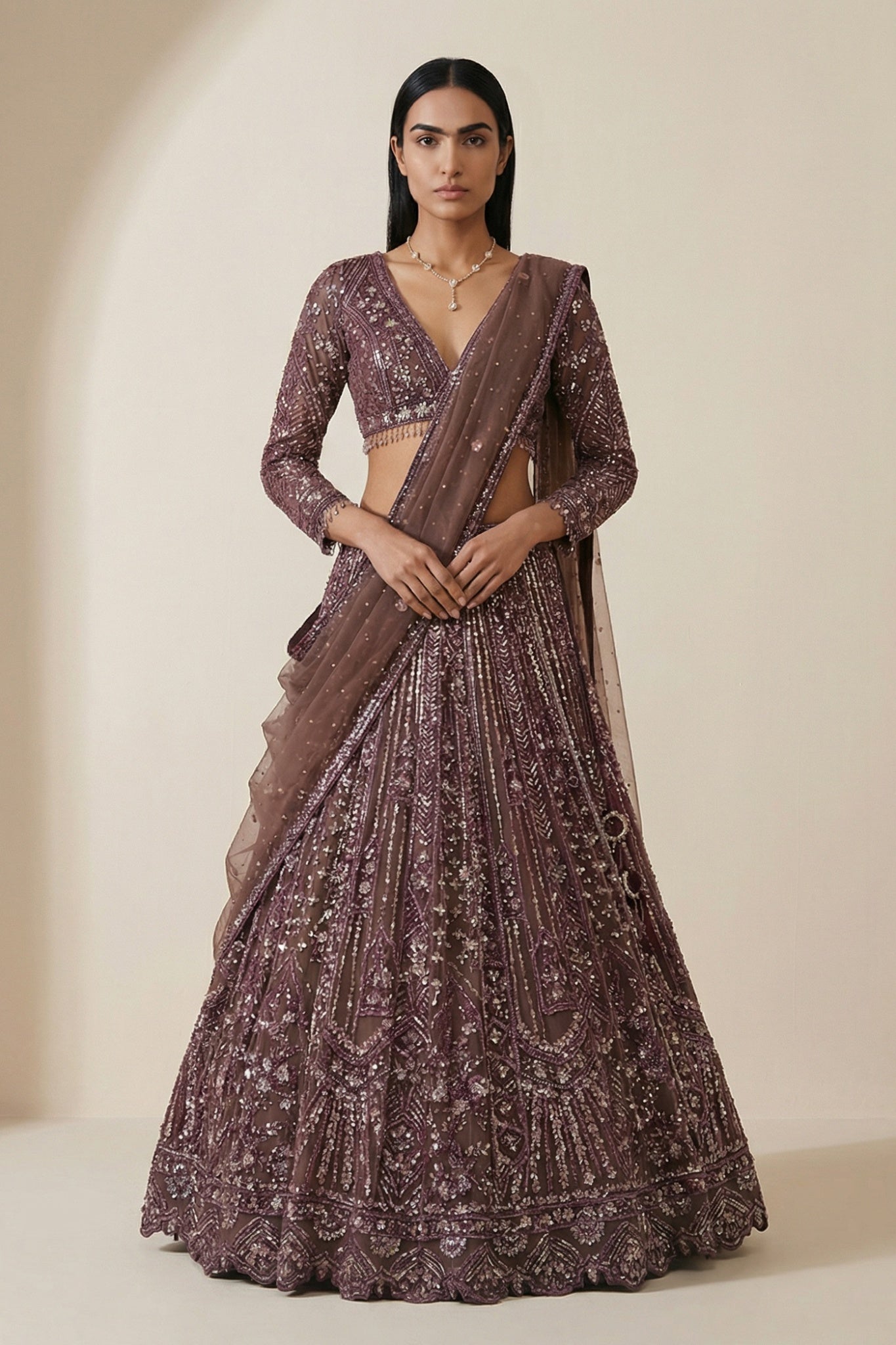Deep Brown Net Lehenga Set