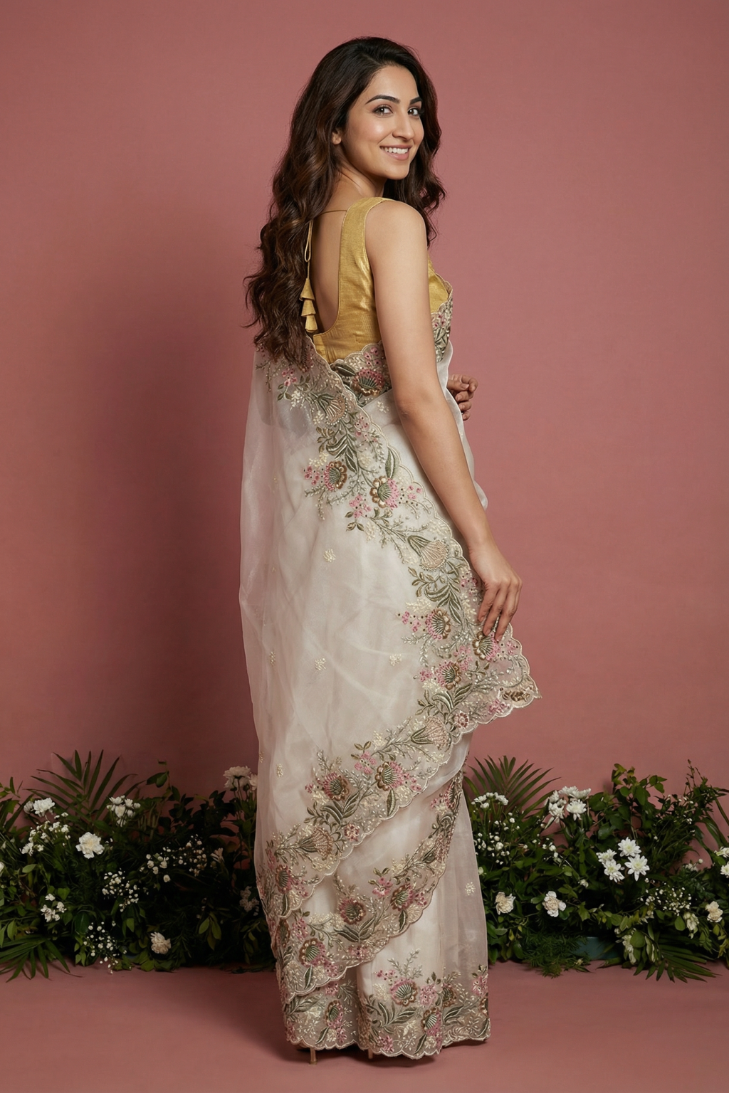 Off White Tissue Organza Saree with Floral Embroidery Border and Butta Work