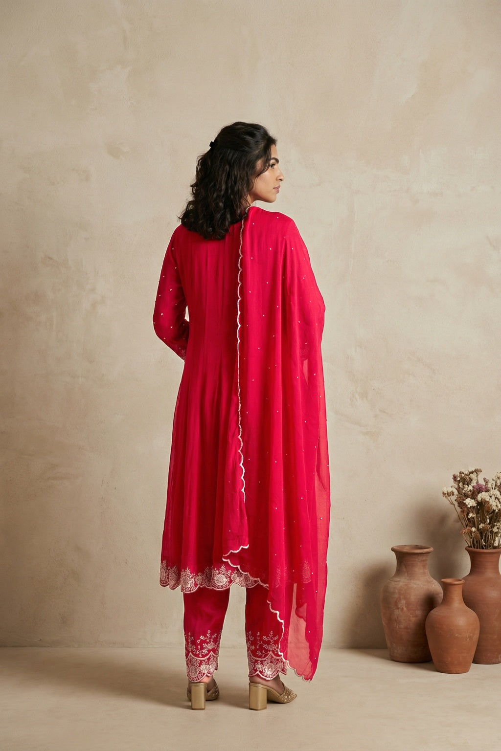 Red Crepe Chiffon Anarkali Set