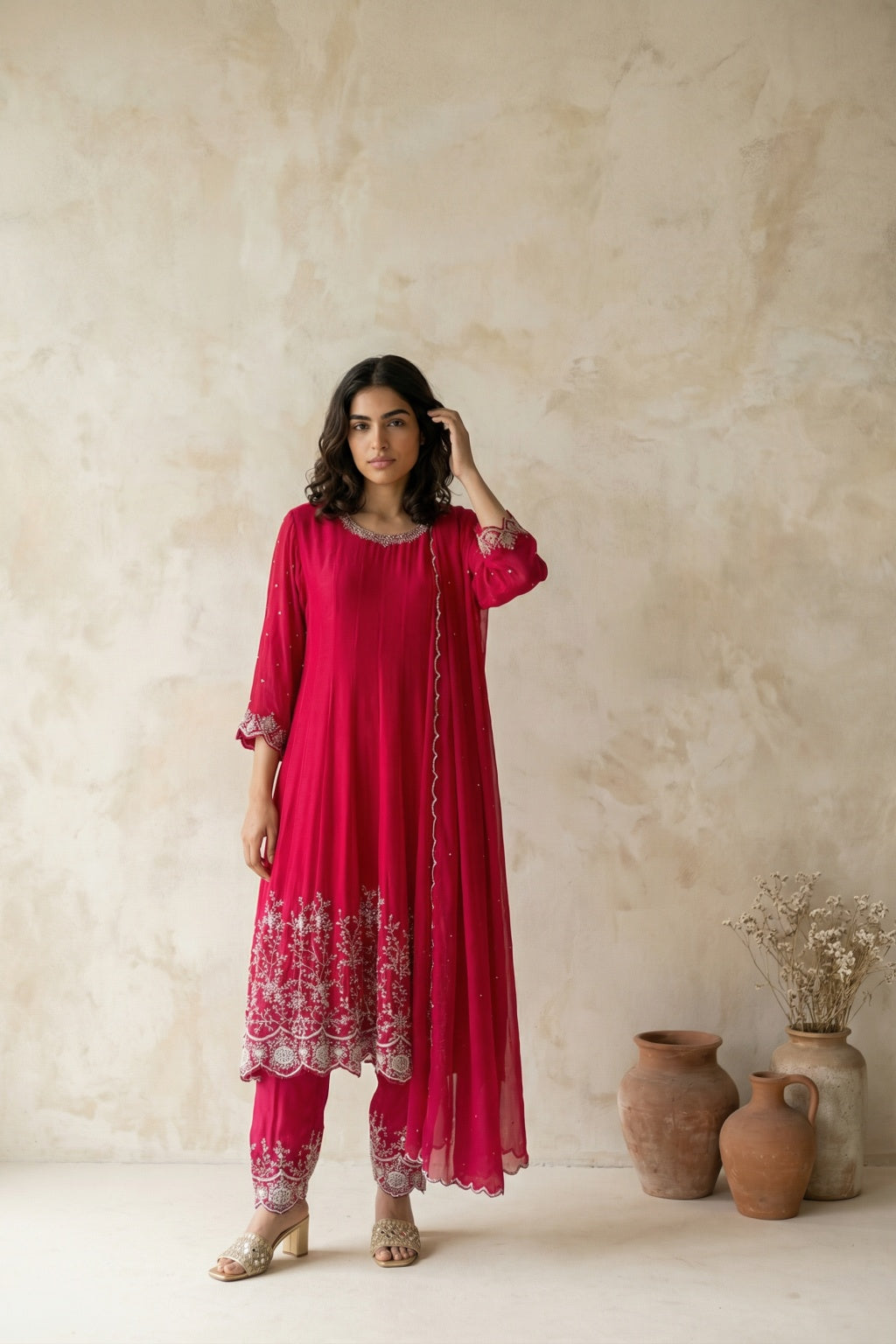 Red Crepe Chiffon Anarkali Set
