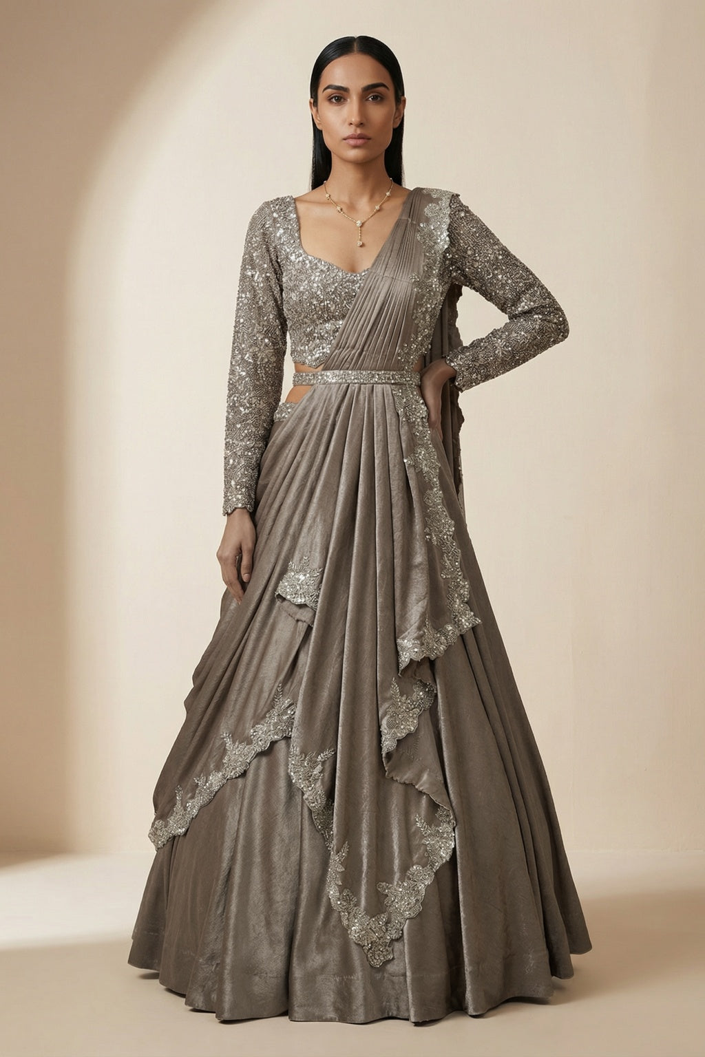 Champagne Silk Draped Lehenga with Contemporary Belt Detail - Mokshaa