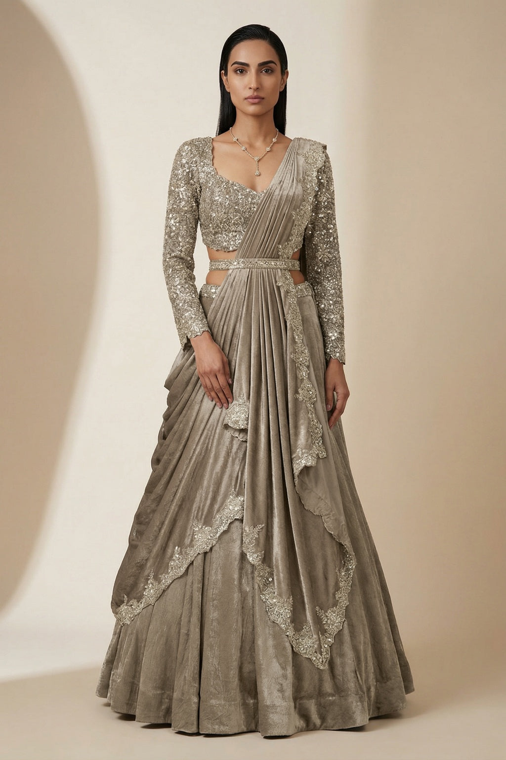 Champagne Silk Draped Lehenga with Contemporary Belt Detail - Mokshaa