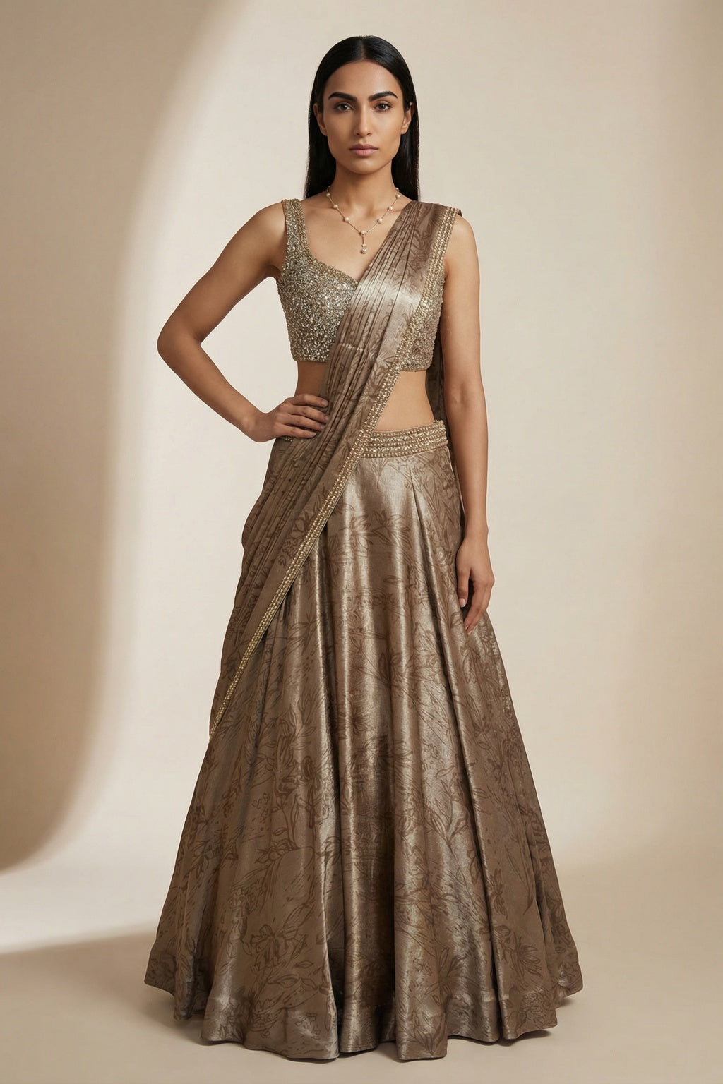 Gold Printed Silk Lehenga set - Mokshaa