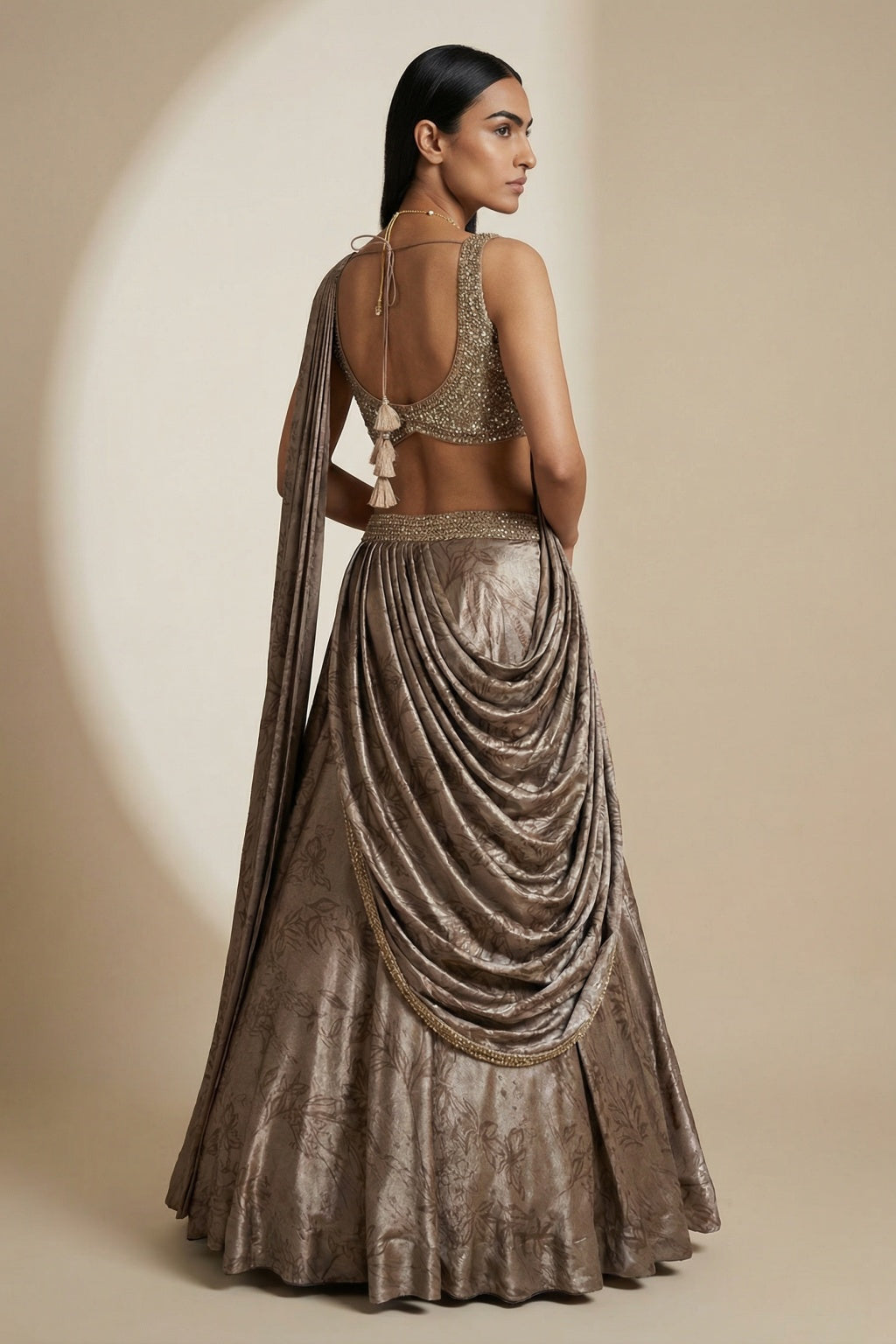 Gold Printed Silk Lehenga set - Mokshaa