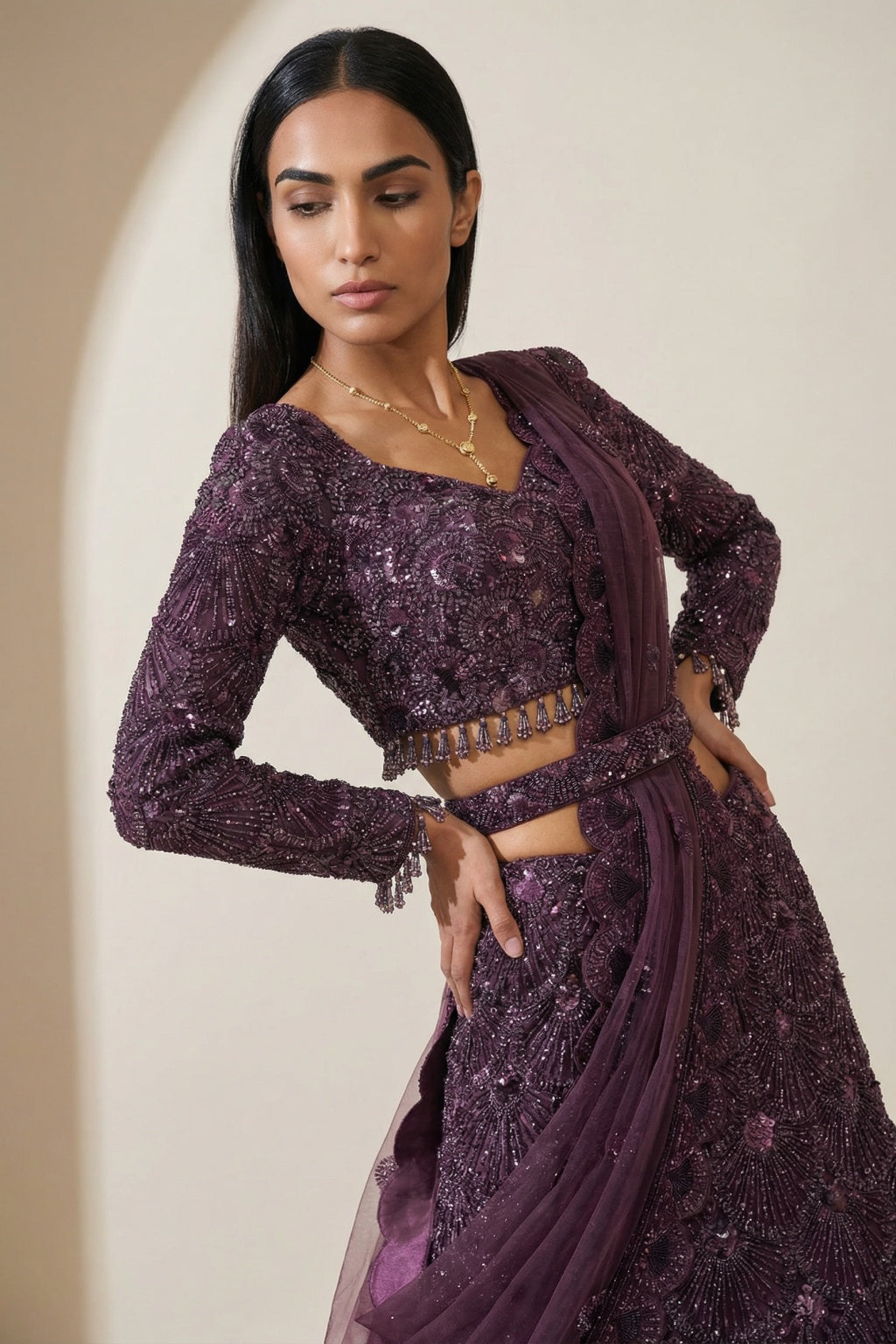 Wine Mermaid Lehenga Set with Belt