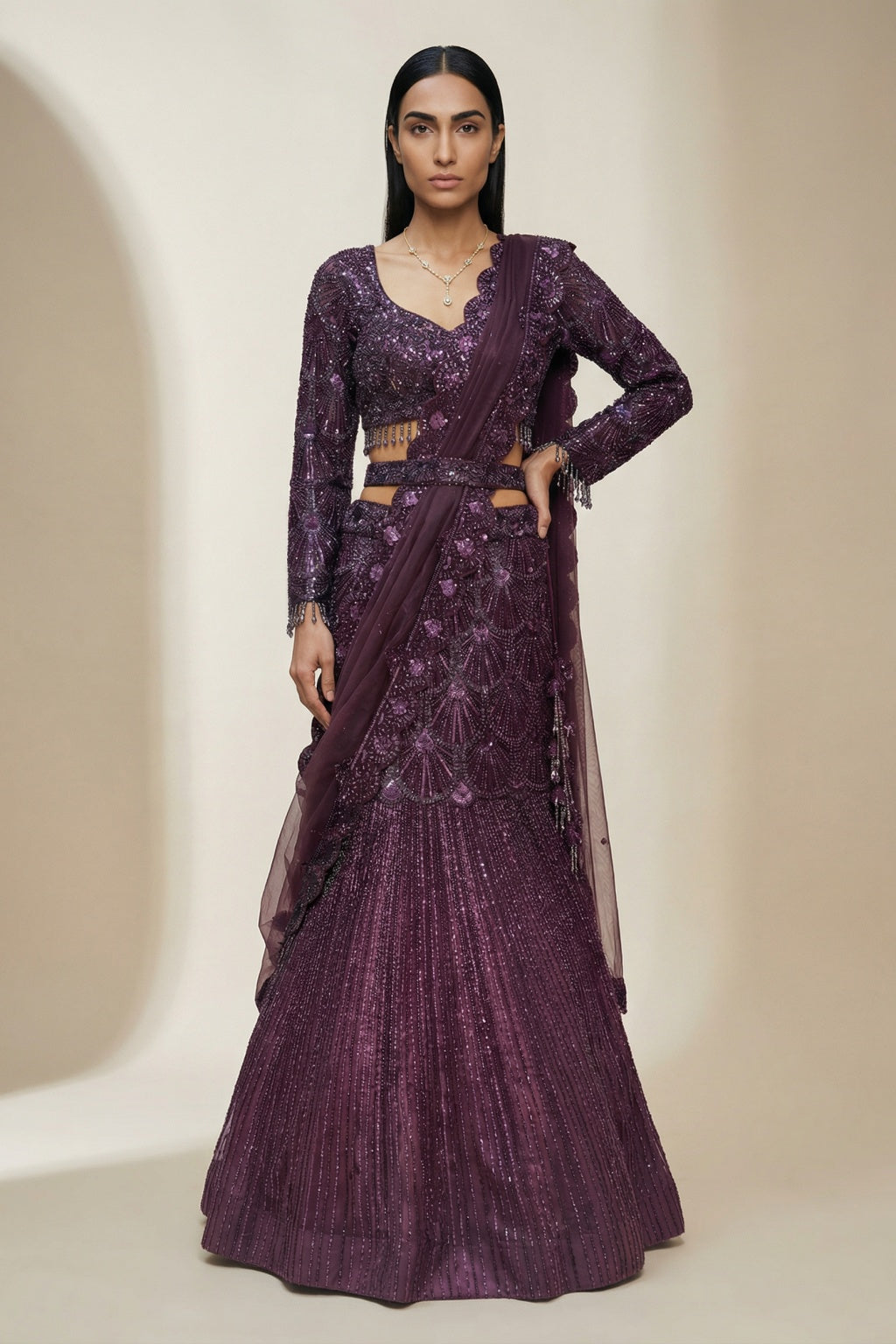 Wine Mermaid Lehenga Set with Belt - Mokshaa