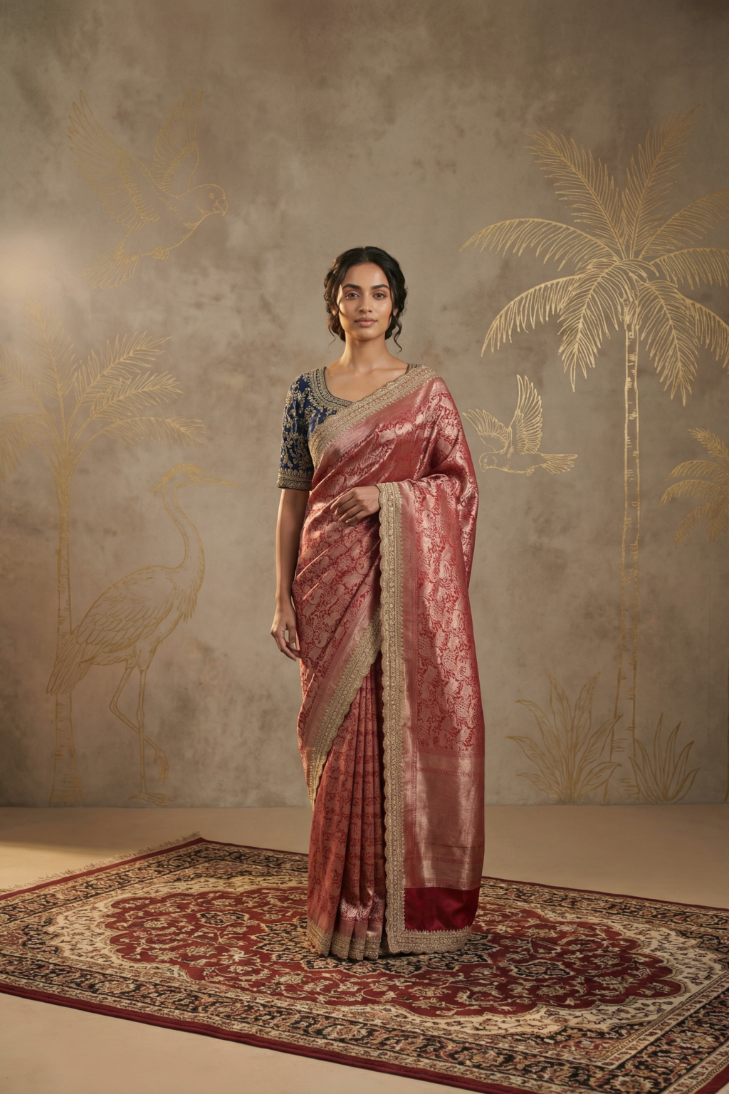 Red Banarasi Silk Saree with Zardosi Border and Contrast Blue Blouse