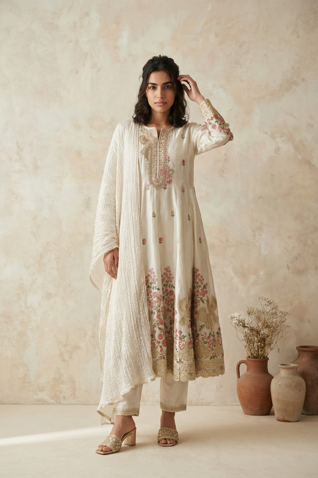 Ivory Mul Chanderi Anarkali Set - Mokshaa