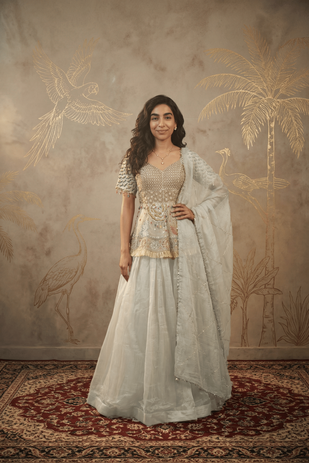 Champagne Organza Tissue Embroidered Top & Skirt Set with Dupatta