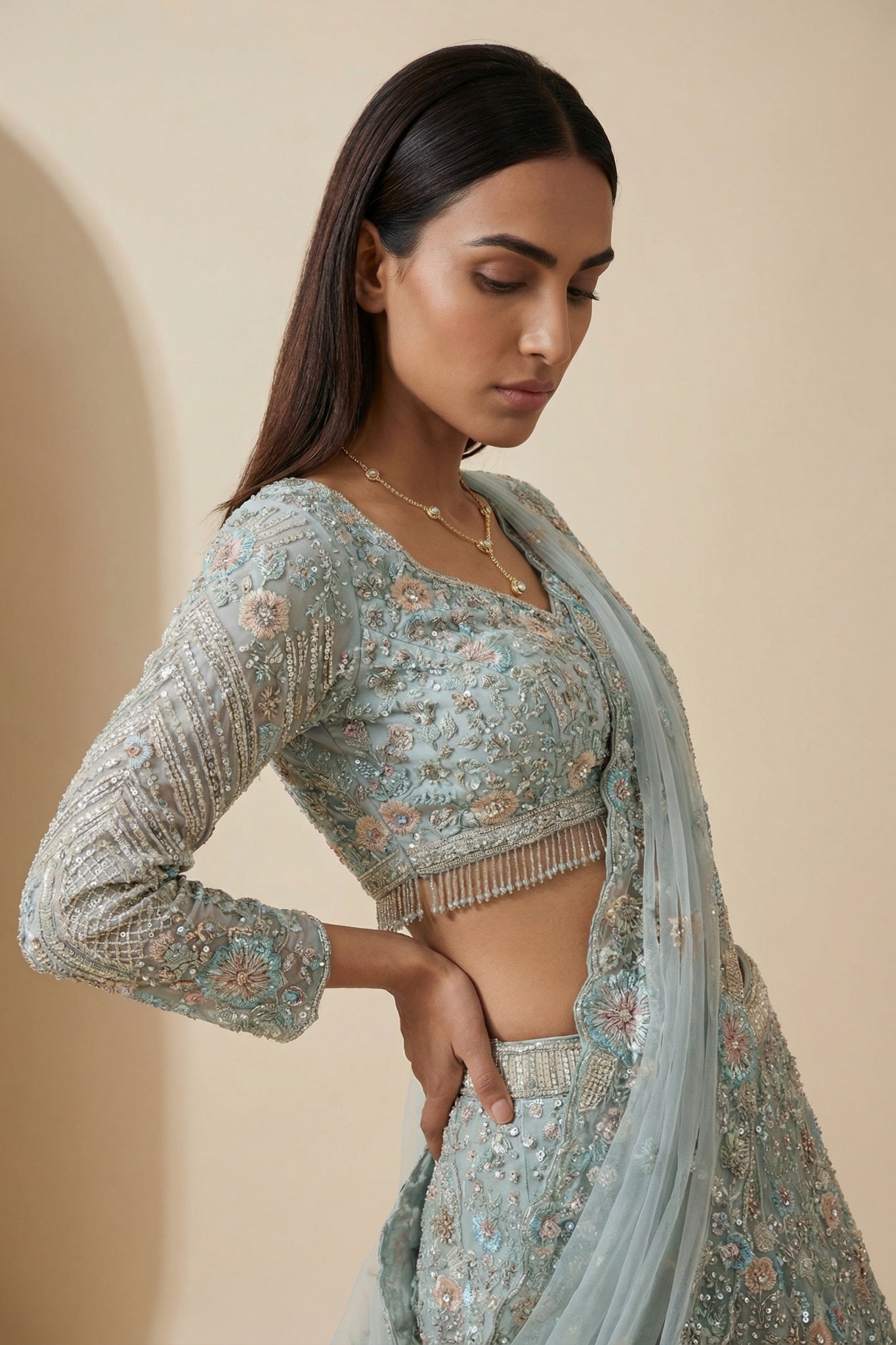 Powder Blue Net Lehenga Set with Intricate Embroidery