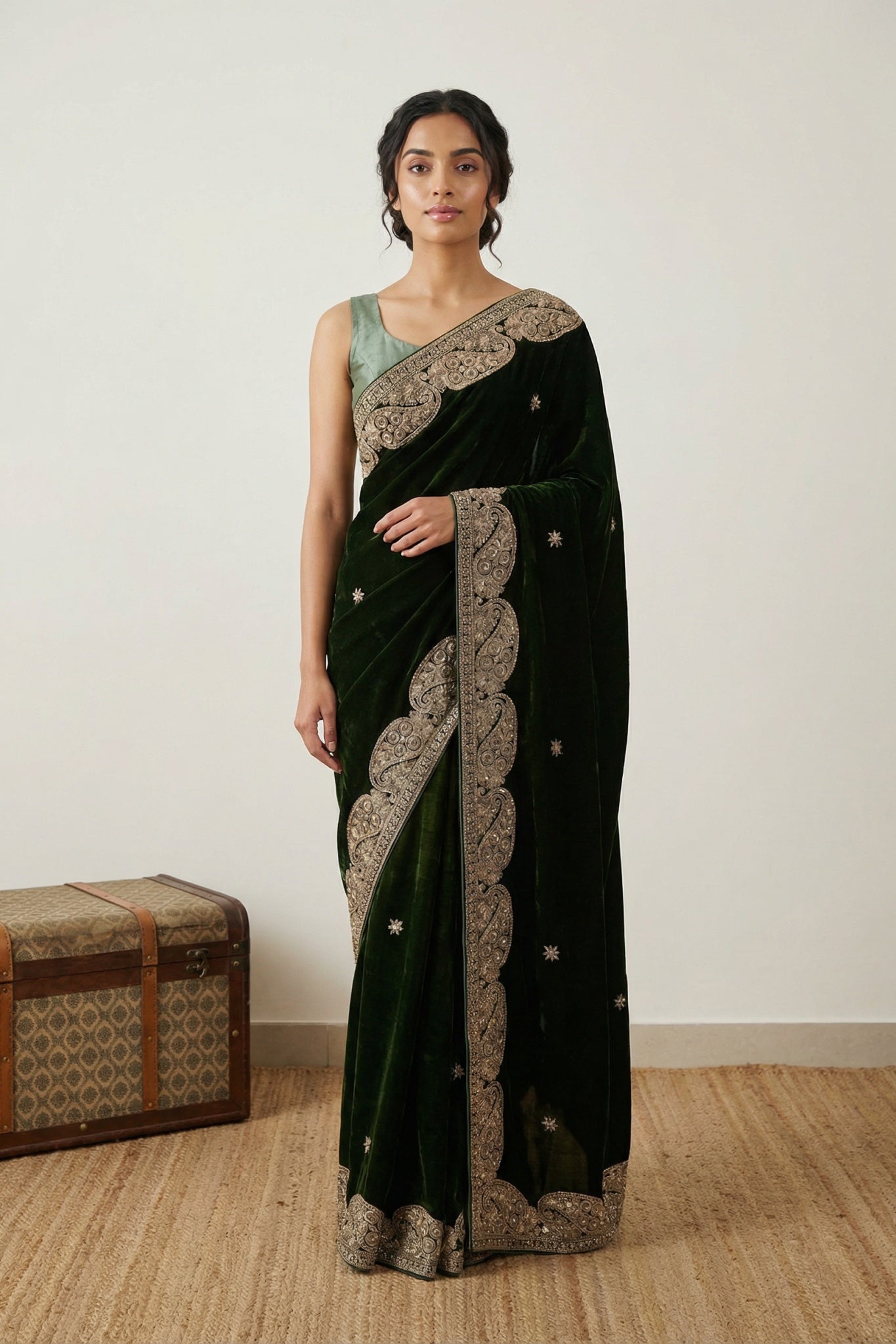 Green Velvet Saree with Jardhosi Border - Mokshaa