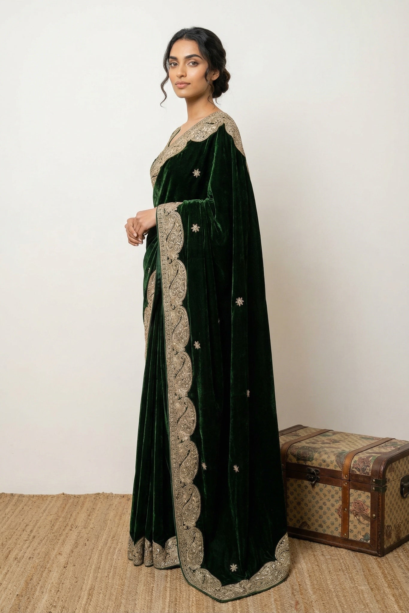 Green Velvet Saree with Jardhosi Border - Mokshaa