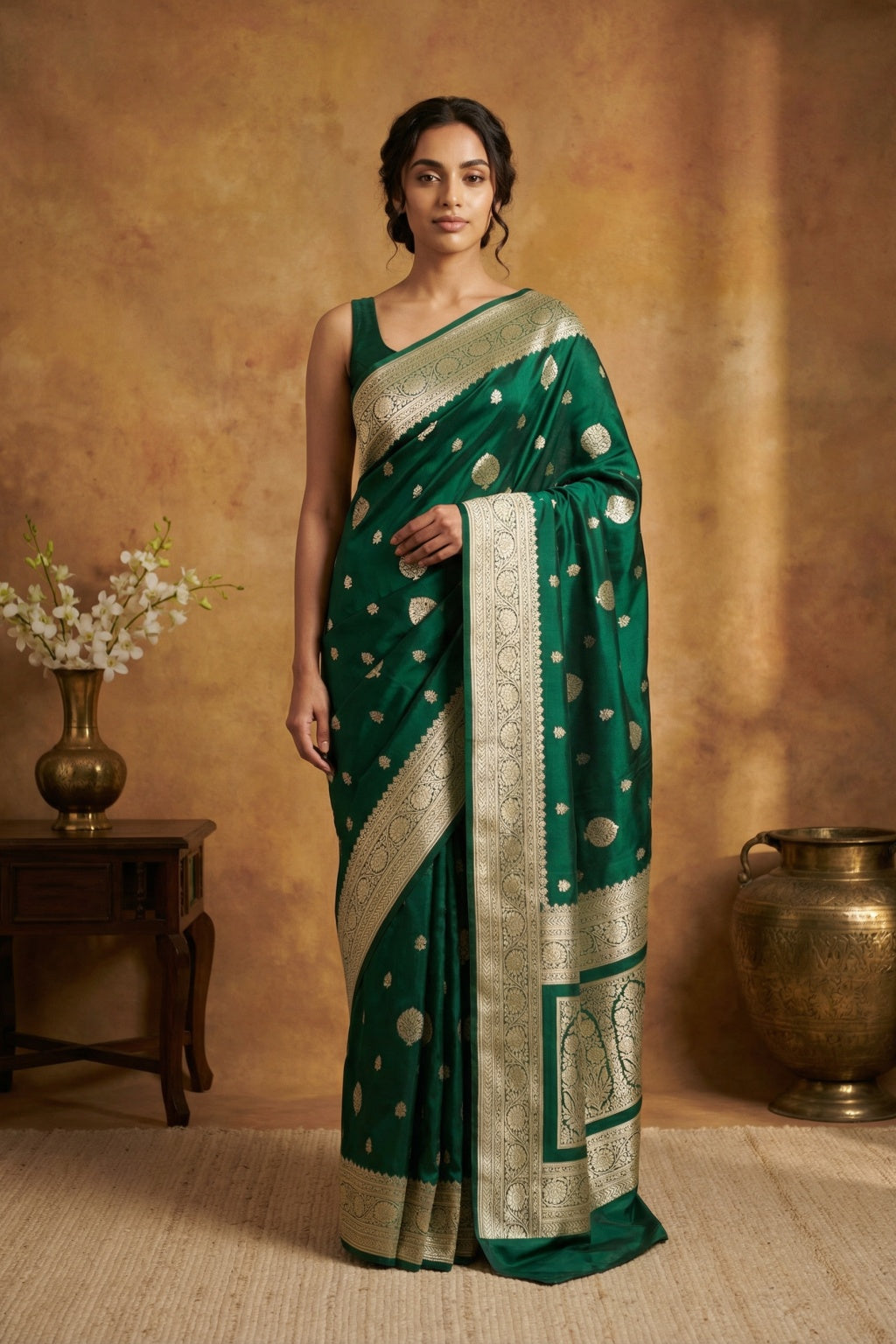 Green Banaras Mushroom Silk Saree with Gold Zari Buttas - Mokshaa