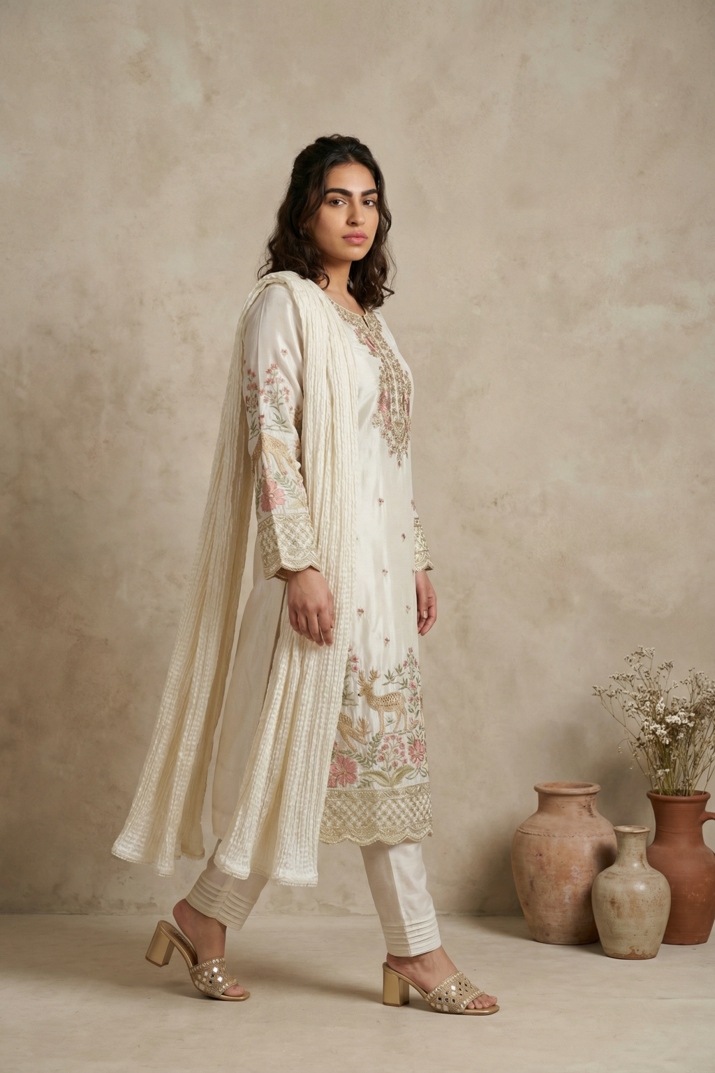 Ivory Chanderi Salwar Set with Multicolour Embroidery - Mokshaa