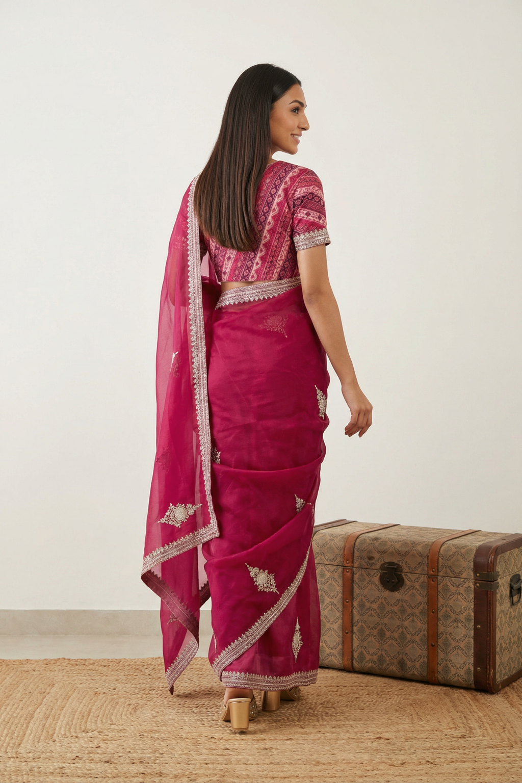 Pink Organza Saree with Pearl & Bead Butti Work