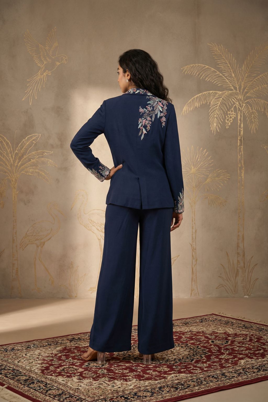 Navy Blue Georgette Co-ord Set with Embroidered Blazer