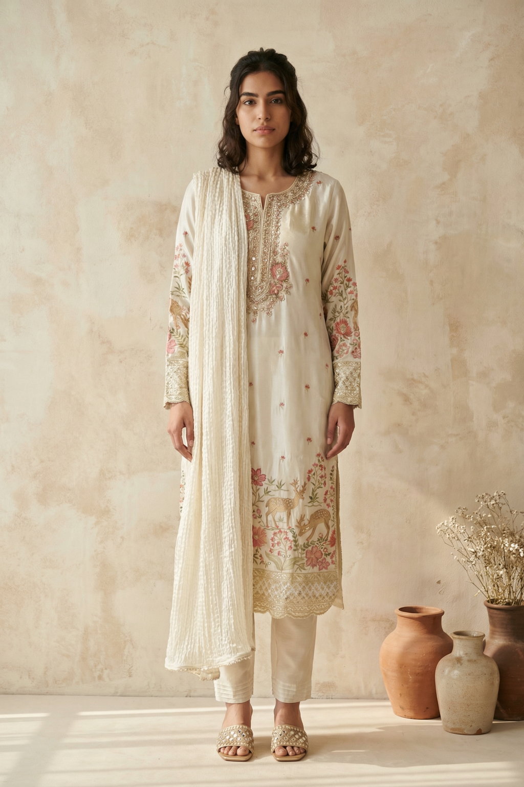 Ivory Chanderi Salwar Set with Multicolour Embroidery