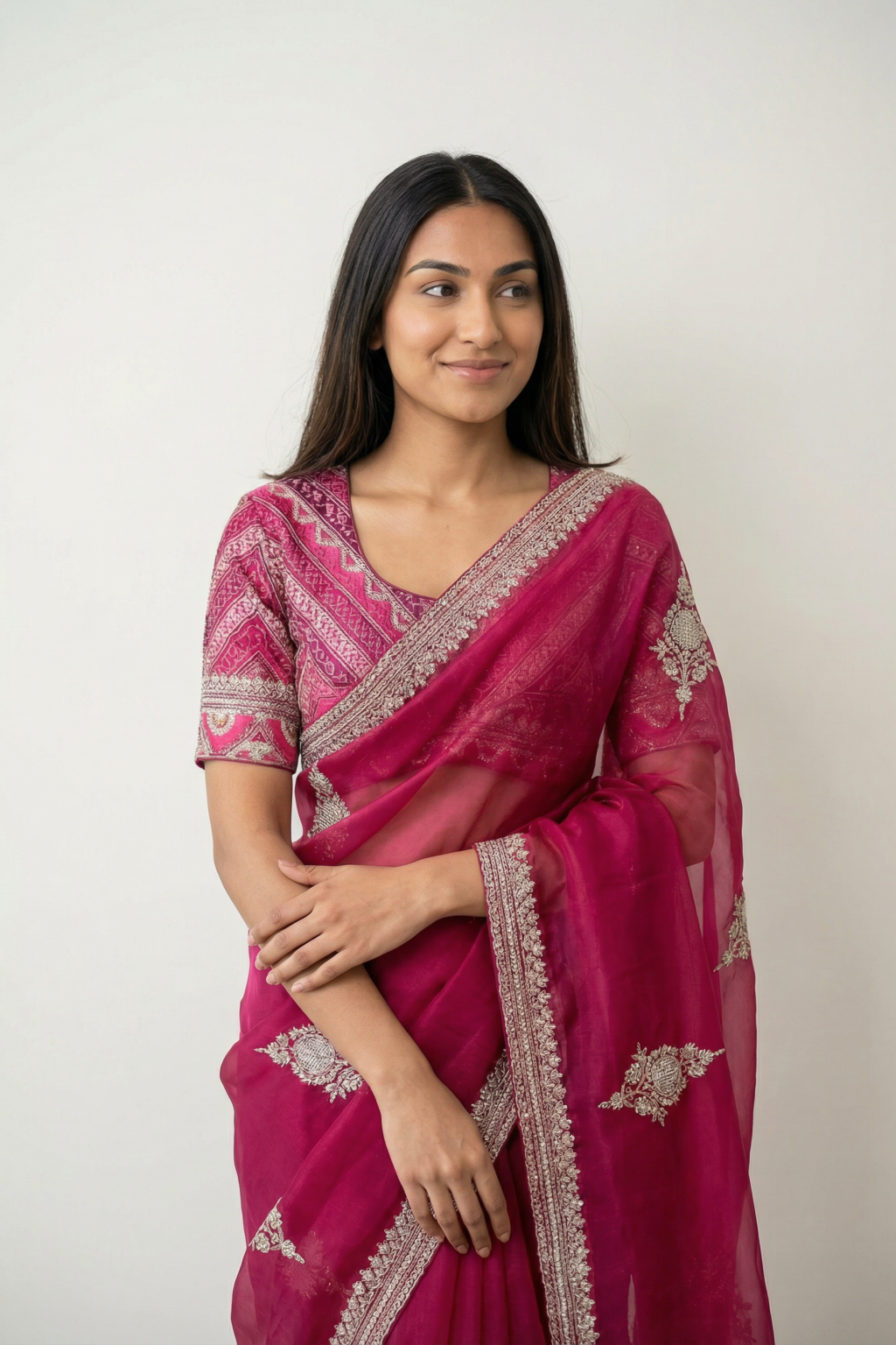 Pink Organza Saree with Pearl & Bead Butti Work