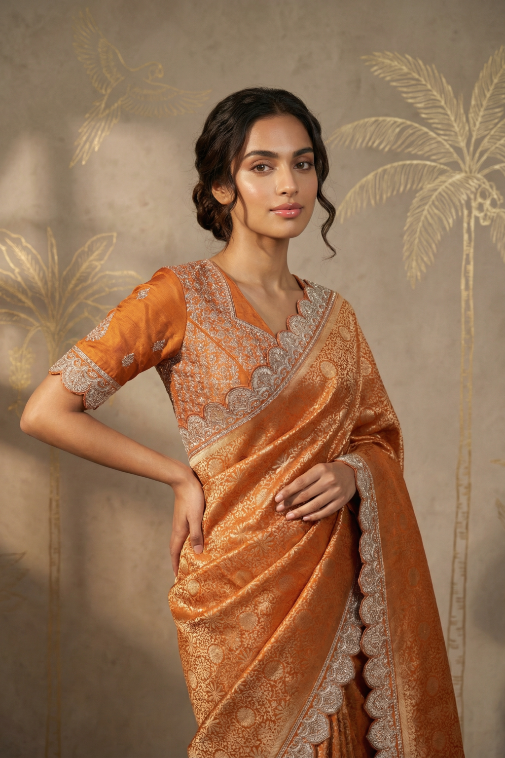 Orange Banarasi Silk Designer Saree with Zardosi Border - Mokshaa