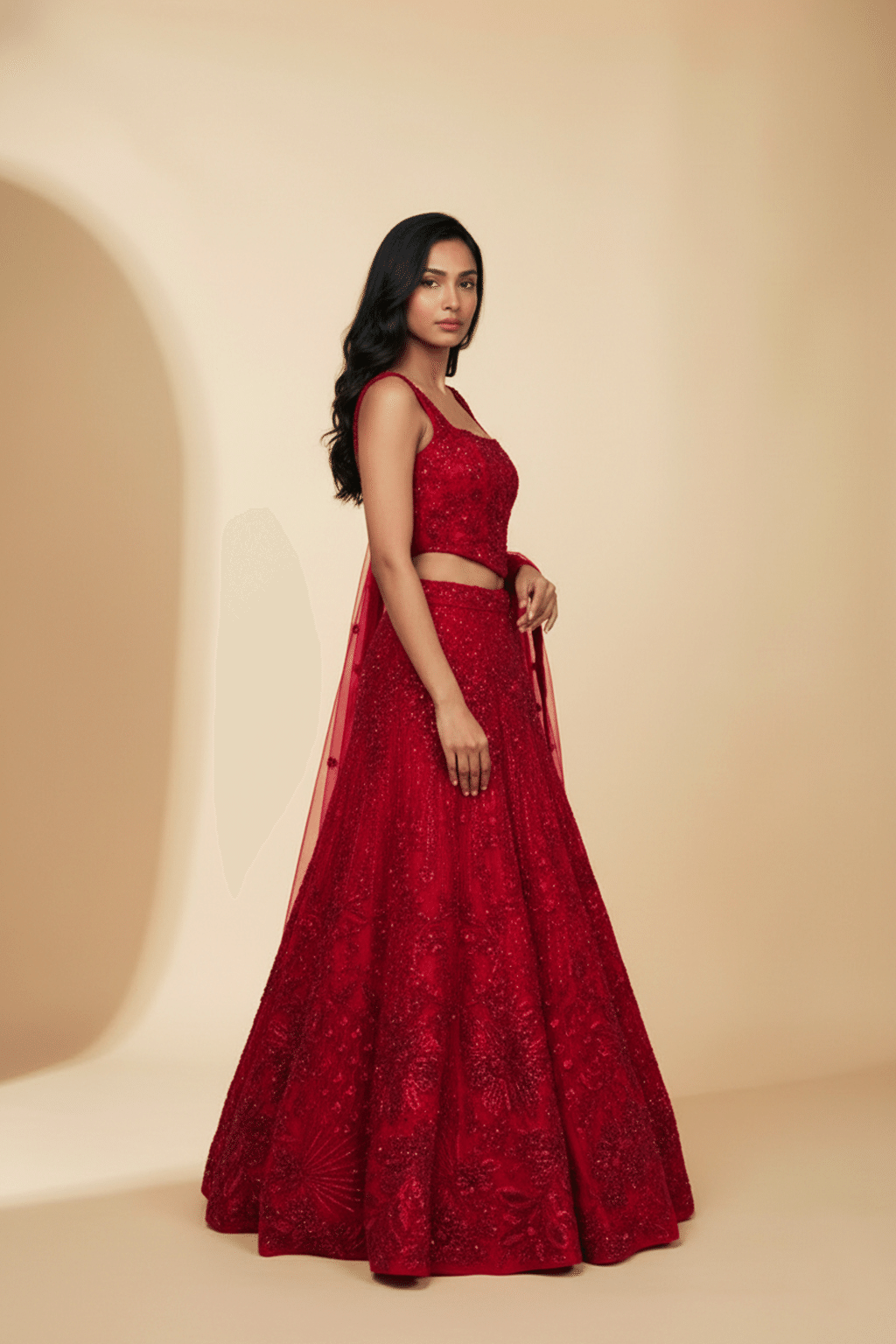 Scarlet Red Net Corset Lehenga Set