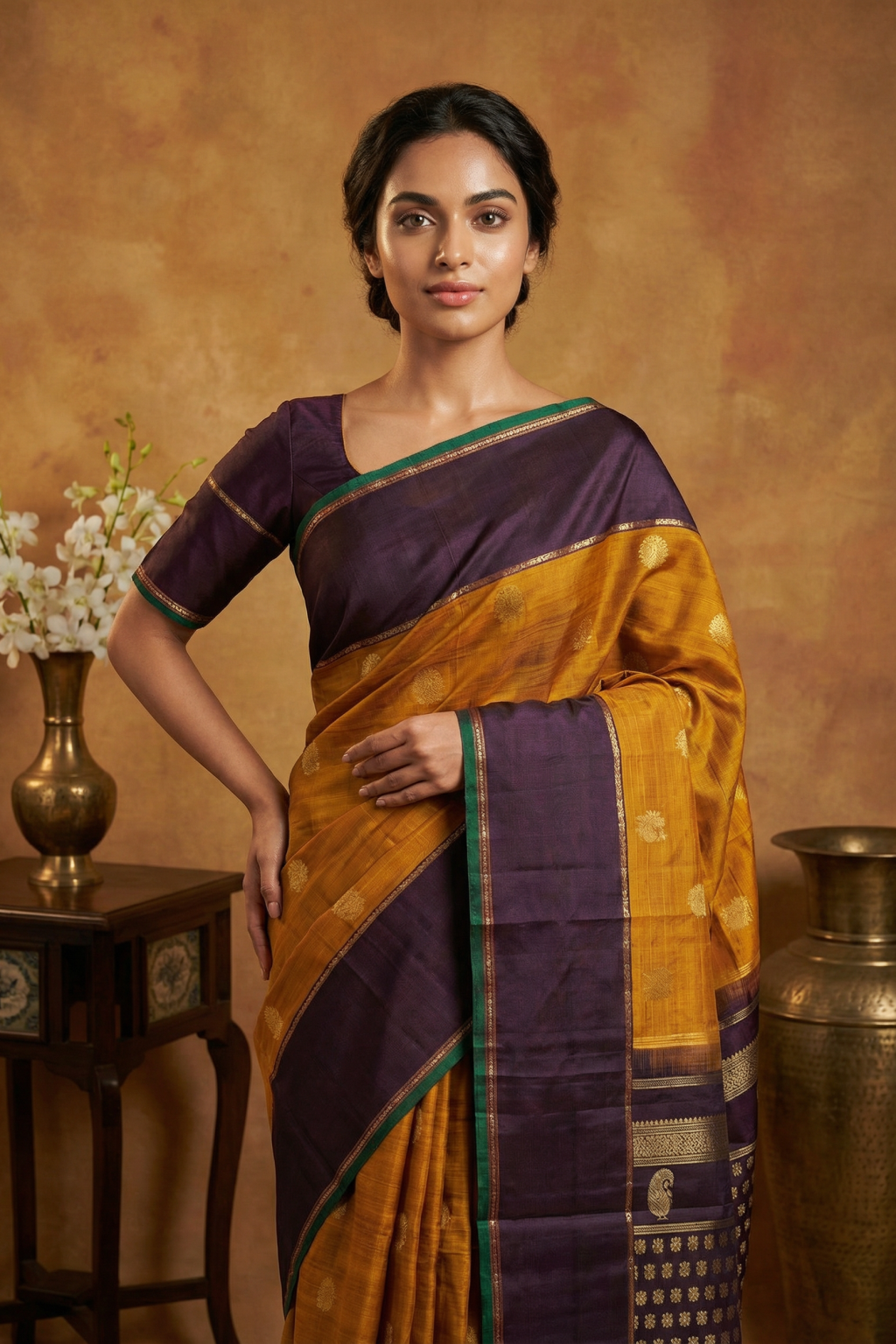 Mustard and Purple Kanchivaram Silk Saree - Mokshaa