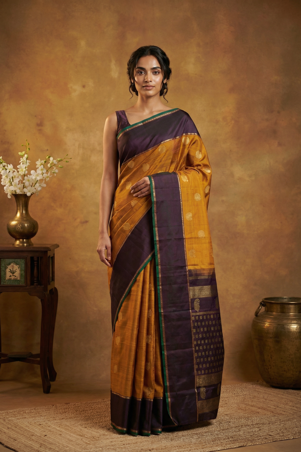 Mustard and Purple Kanchivaram Silk Saree - Mokshaa