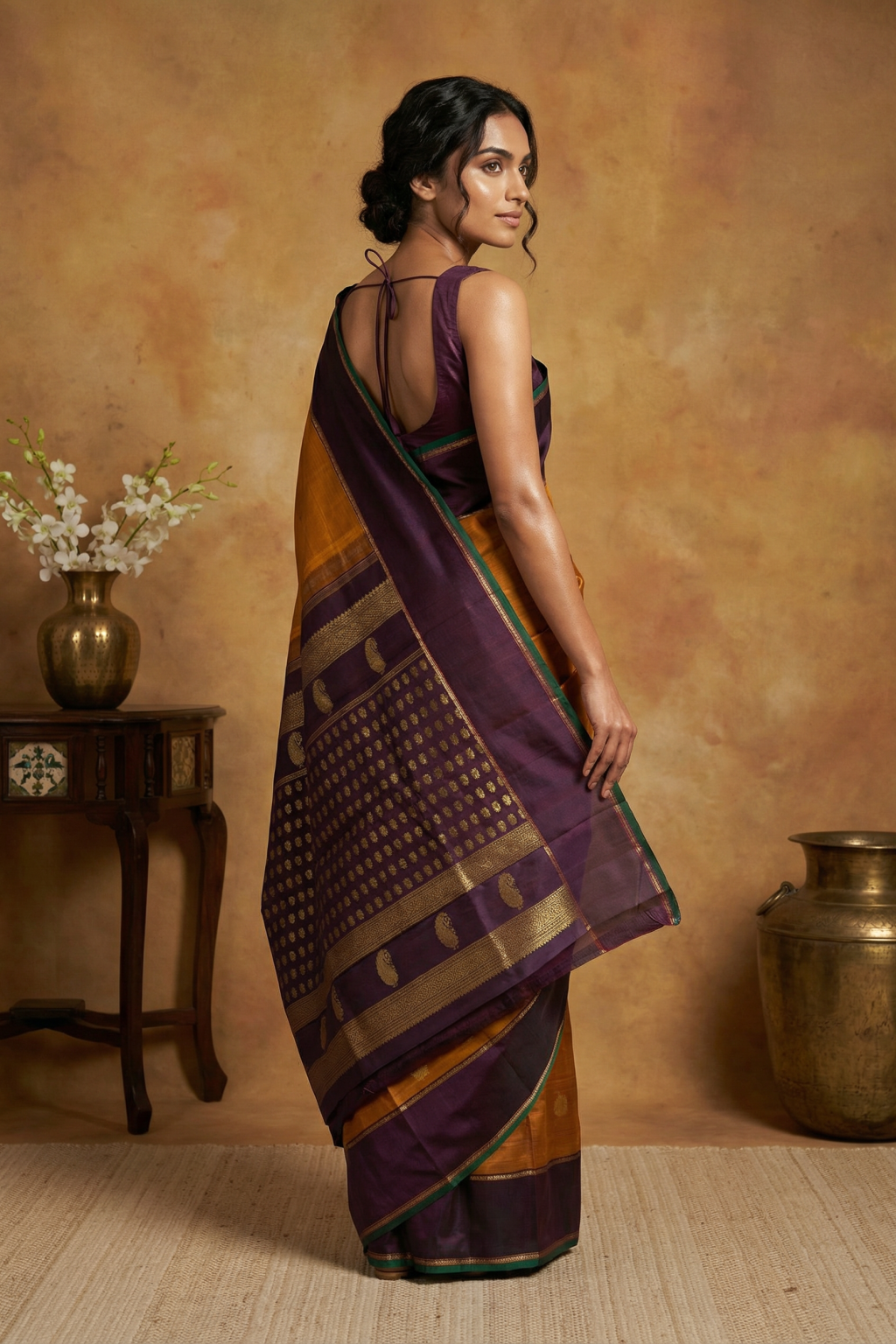 Mustard and Purple Kanchivaram Silk Saree - Mokshaa