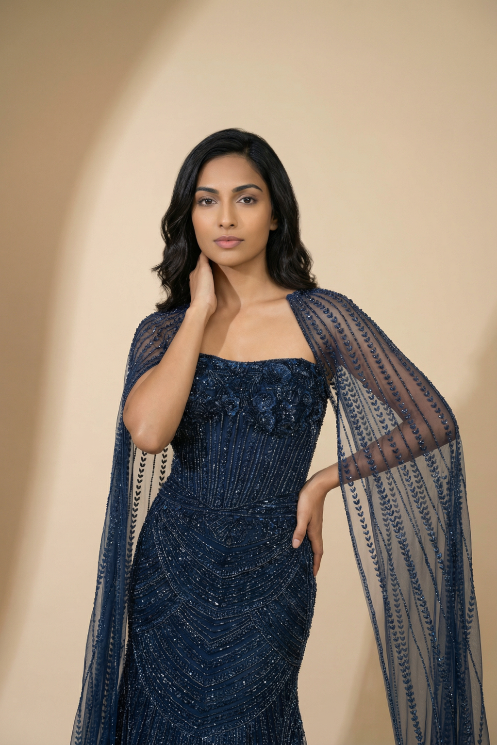 Navy Blue Net Corset Lehenga Set with Fish Cut Skirt & Cape Dupatta