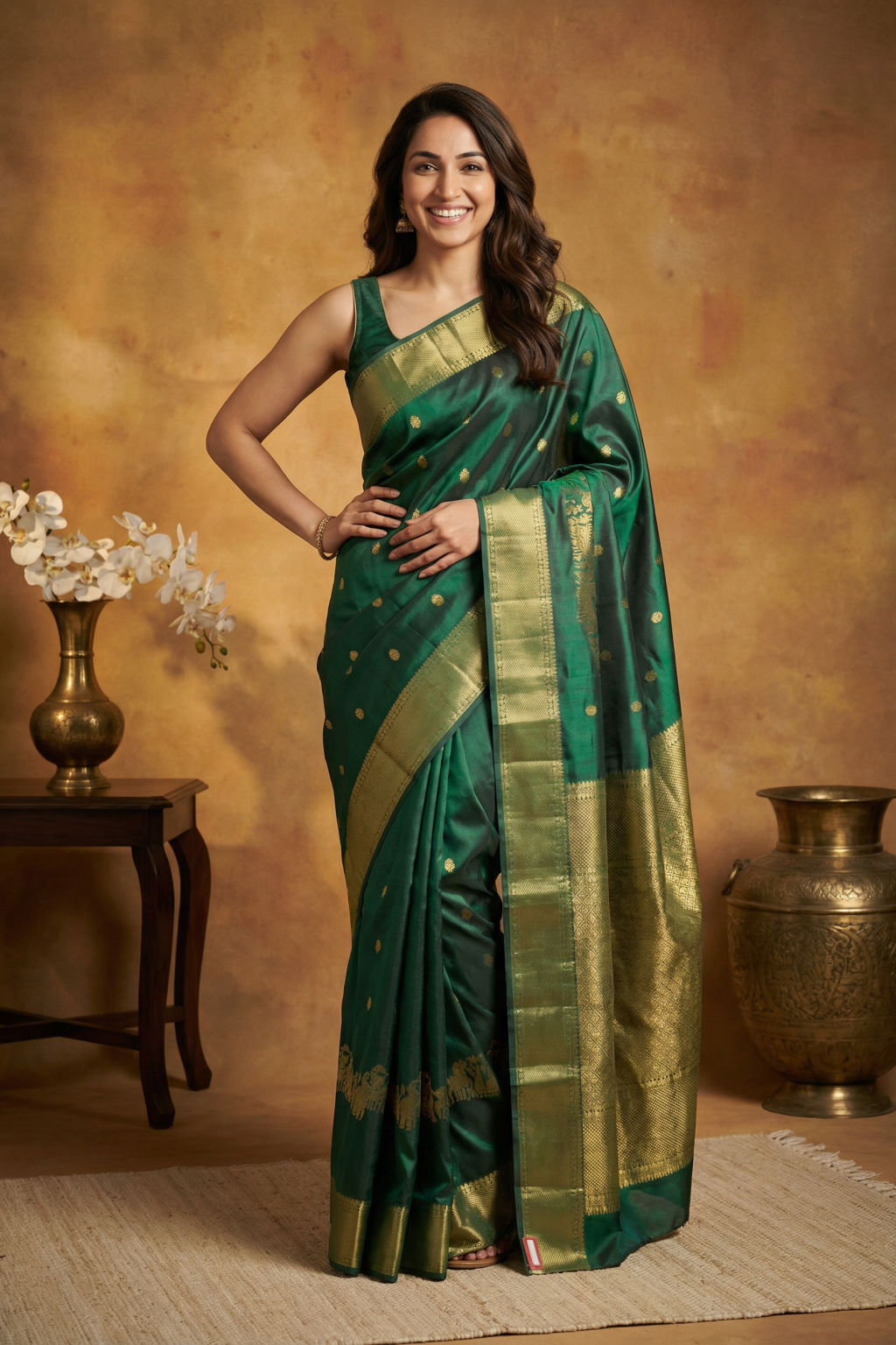 Green Kanchivaram Pattu Saree with Gold Zari Motifs - Mokshaa