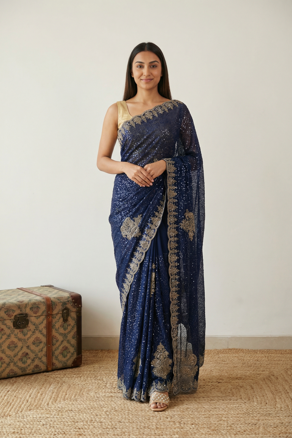 Royal Blue Georgette Saree with All-Over Sequins & Zardosi Border