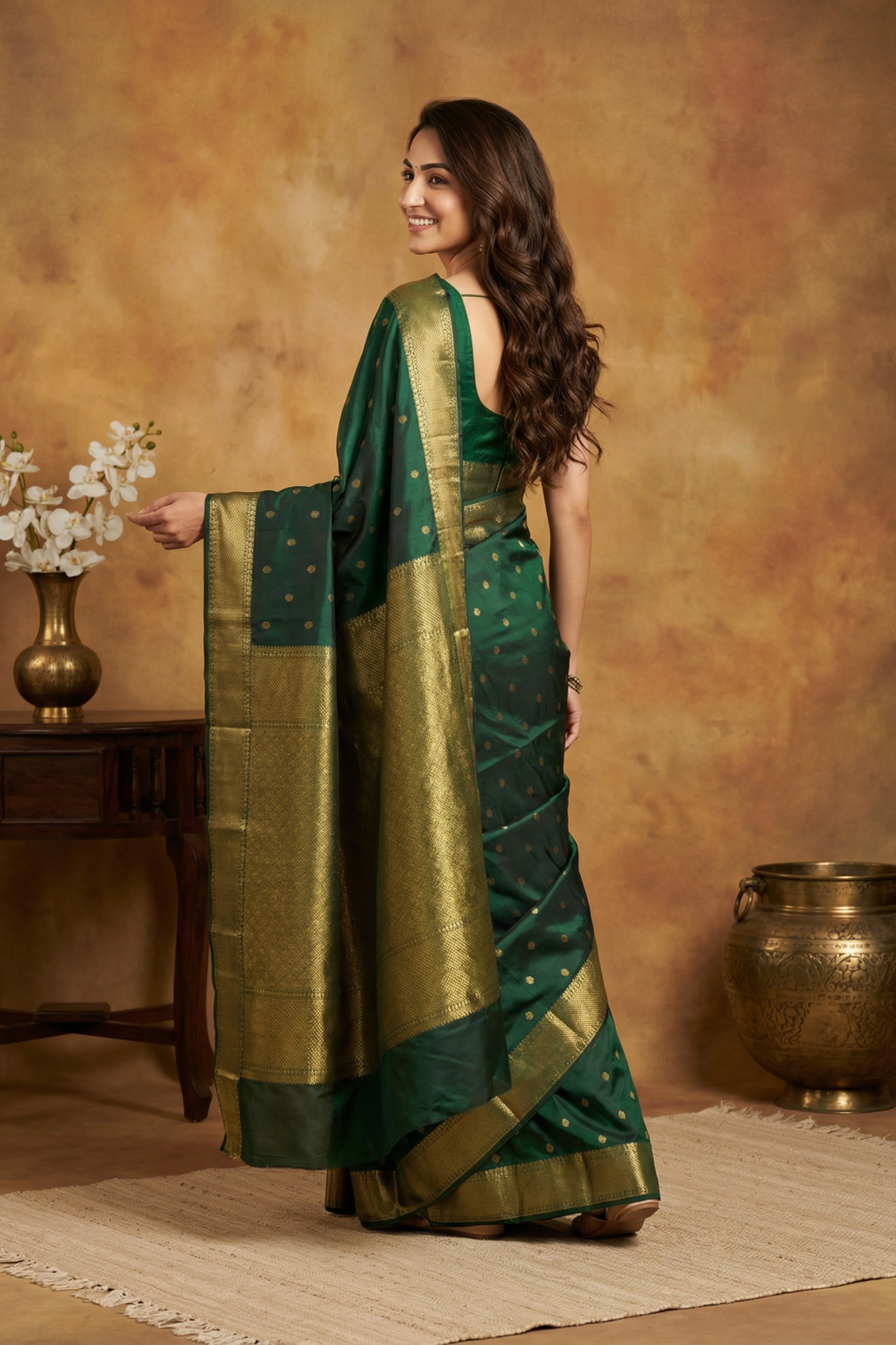 Green Kanchivaram Pattu Saree with Gold Zari Motifs - Mokshaa
